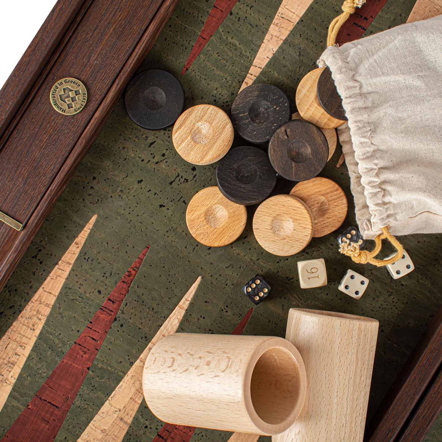 Premium Handcrafted Green Natural Cork Backgammon Set with Oak Wood Checkers - Premium Backgammon from MANOPOULOS Chess & Backgammon - Just €118! Shop now at MANOPOULOS Chess & Backgammon