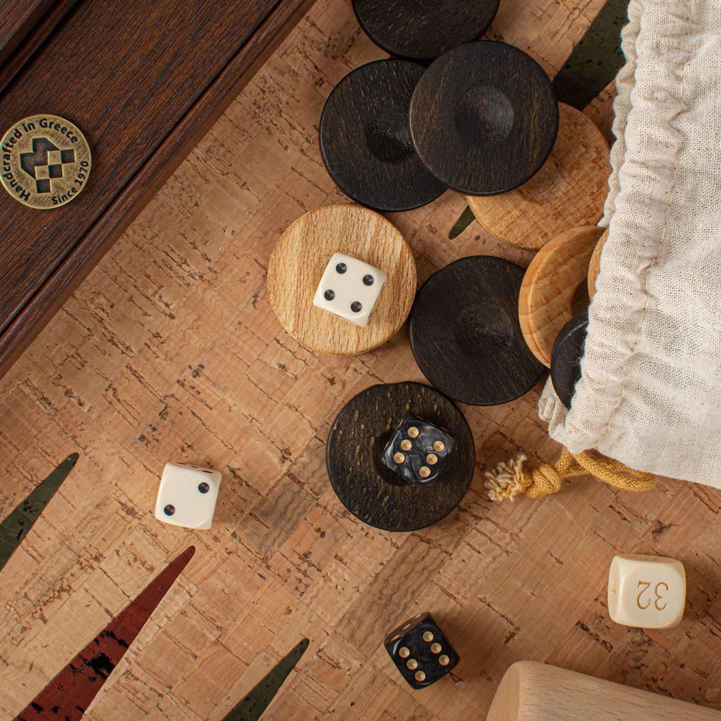 Premium Handcrafted Natural Cork Backgammon Set with Oak Wood Checkers - Premium Backgammon from MANOPOULOS Chess & Backgammon - Just €118! Shop now at MANOPOULOS Chess & Backgammon