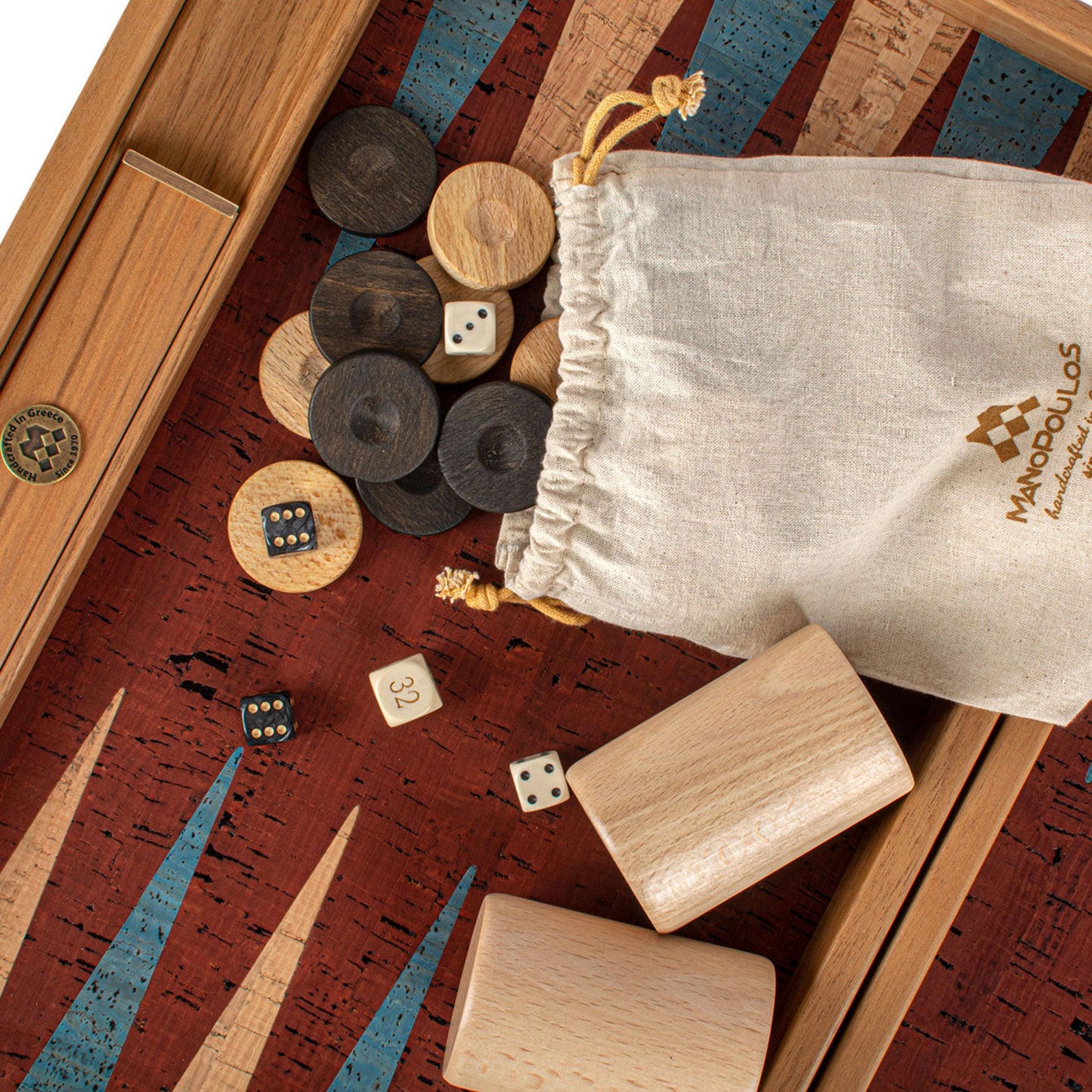 Premium Handcrafted Red Natural Cork Backgammon Set with Oak Wood Checkers - Premium Backgammon from MANOPOULOS Chess & Backgammon - Just €118! Shop now at MANOPOULOS Chess & Backgammon