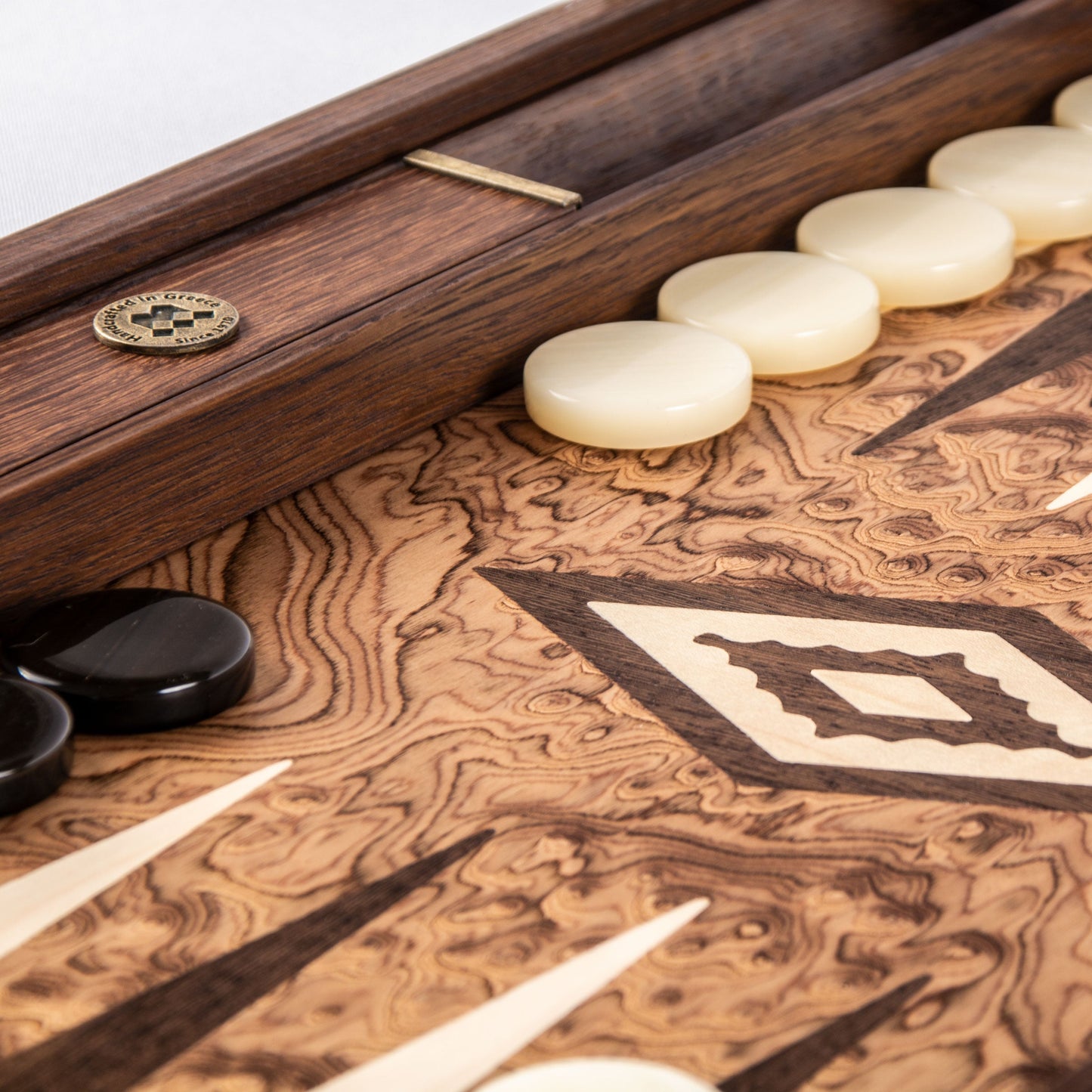 Handcrafted Premium Walnut Burl Backgammon Set with Side Racks - Premium Backgammon from MANOPOULOS Chess & Backgammon - Just €152! Shop now at MANOPOULOS Chess & Backgammon