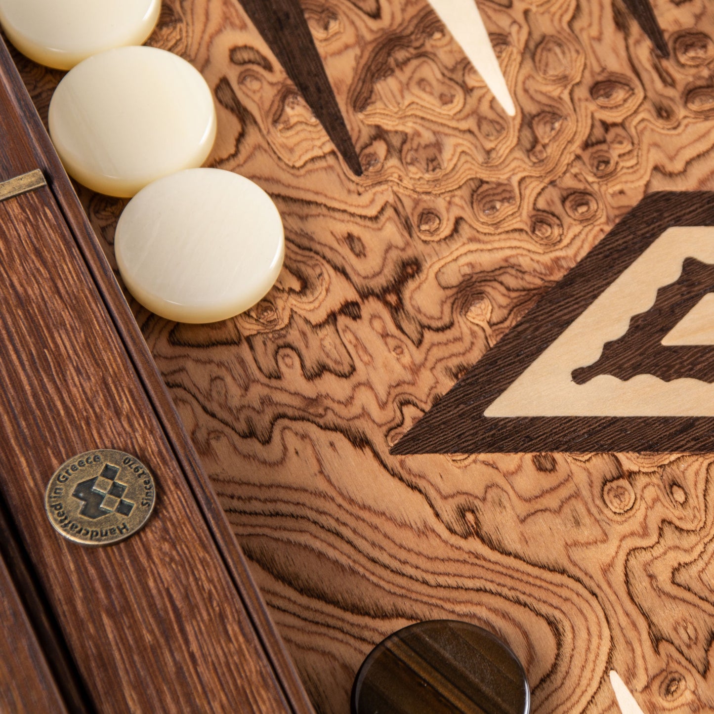 Handcrafted Premium Walnut Burl Backgammon Set with Side Racks - Premium Backgammon from MANOPOULOS Chess & Backgammon - Just €152! Shop now at MANOPOULOS Chess & Backgammon
