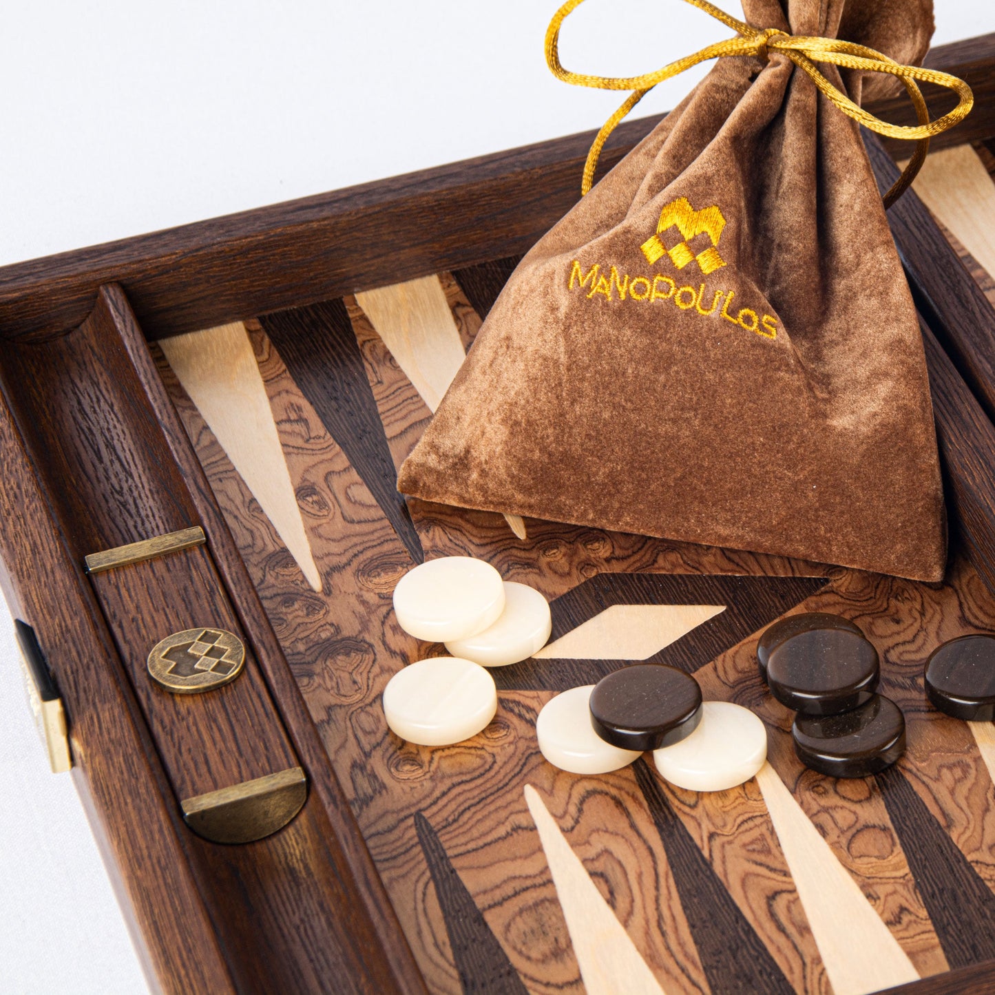 Handcrafted Premium Walnut Burl Backgammon Set with Side Racks - Premium Backgammon from MANOPOULOS Chess & Backgammon - Just €152! Shop now at MANOPOULOS Chess & Backgammon