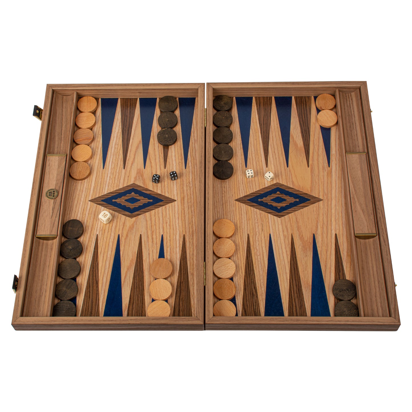 Handcrafted Oak/Blue & American Walnut Backgammon Set with Side Racks - Elegant Marquetry Design (Copy)