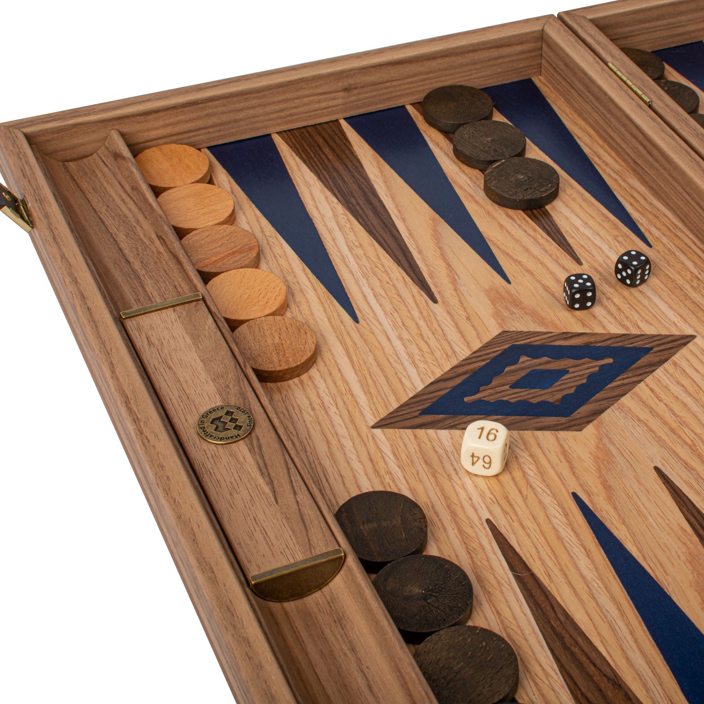 Handcrafted Oak/Blue & American Walnut Backgammon Set with Side Racks - Elegant Marquetry Design (Copy)