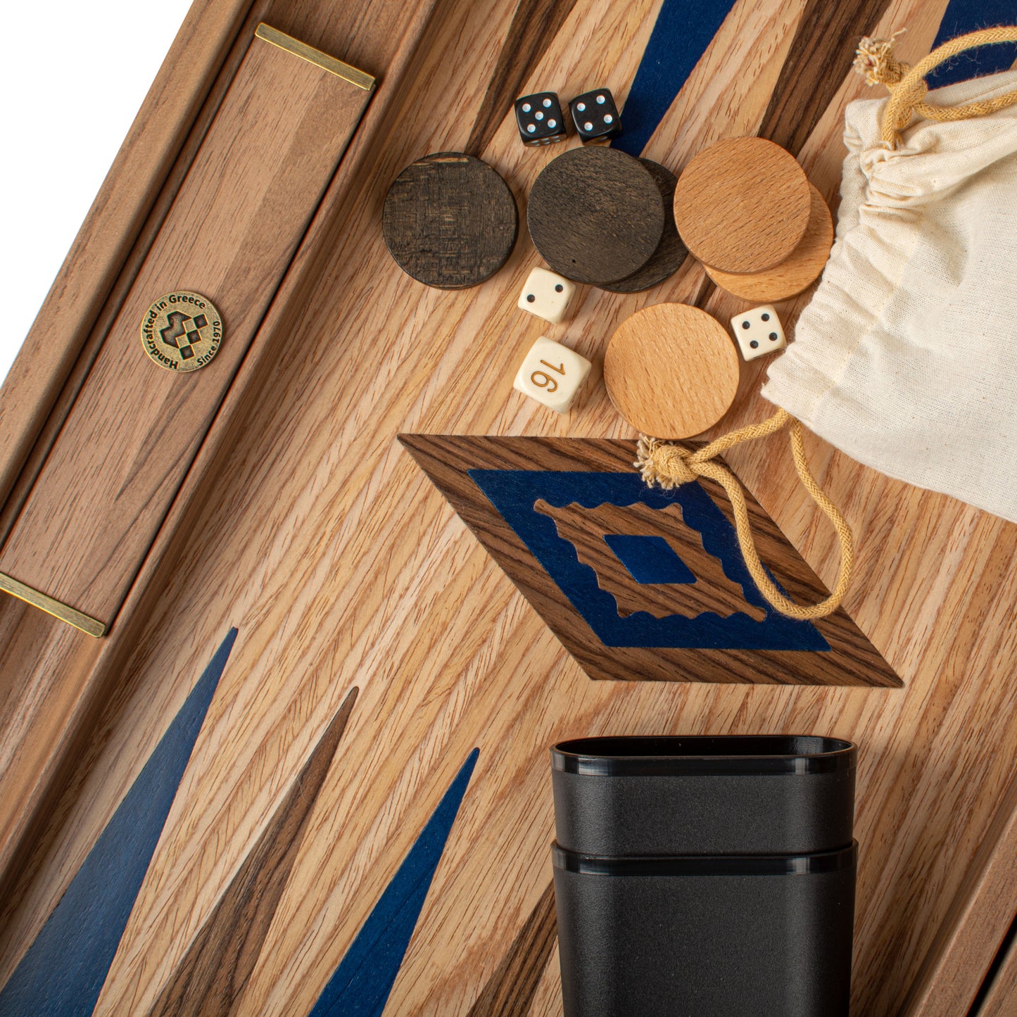 Handcrafted Oak/Blue & American Walnut Backgammon Set with Side Racks - Elegant Marquetry Design (Copy)