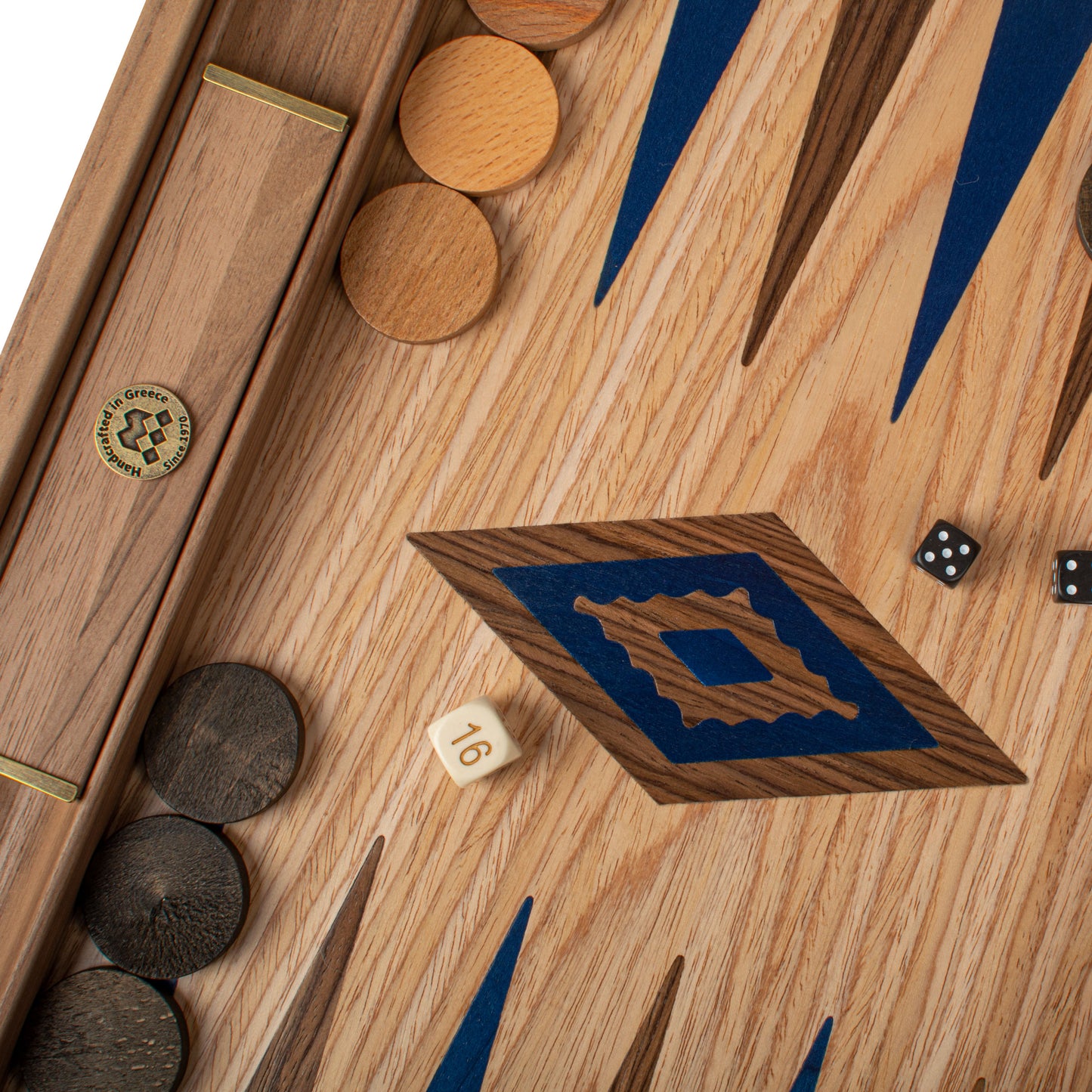 Handcrafted Oak/Blue & American Walnut Backgammon Set with Side Racks - Elegant Marquetry Design (Copy)