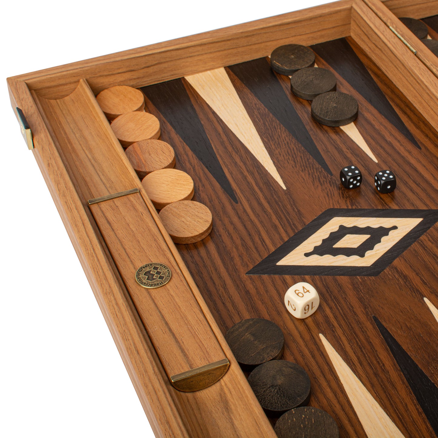 Handcrafted American Walnut Backgammon Set with Side Racks - Elegant Marquetry Design