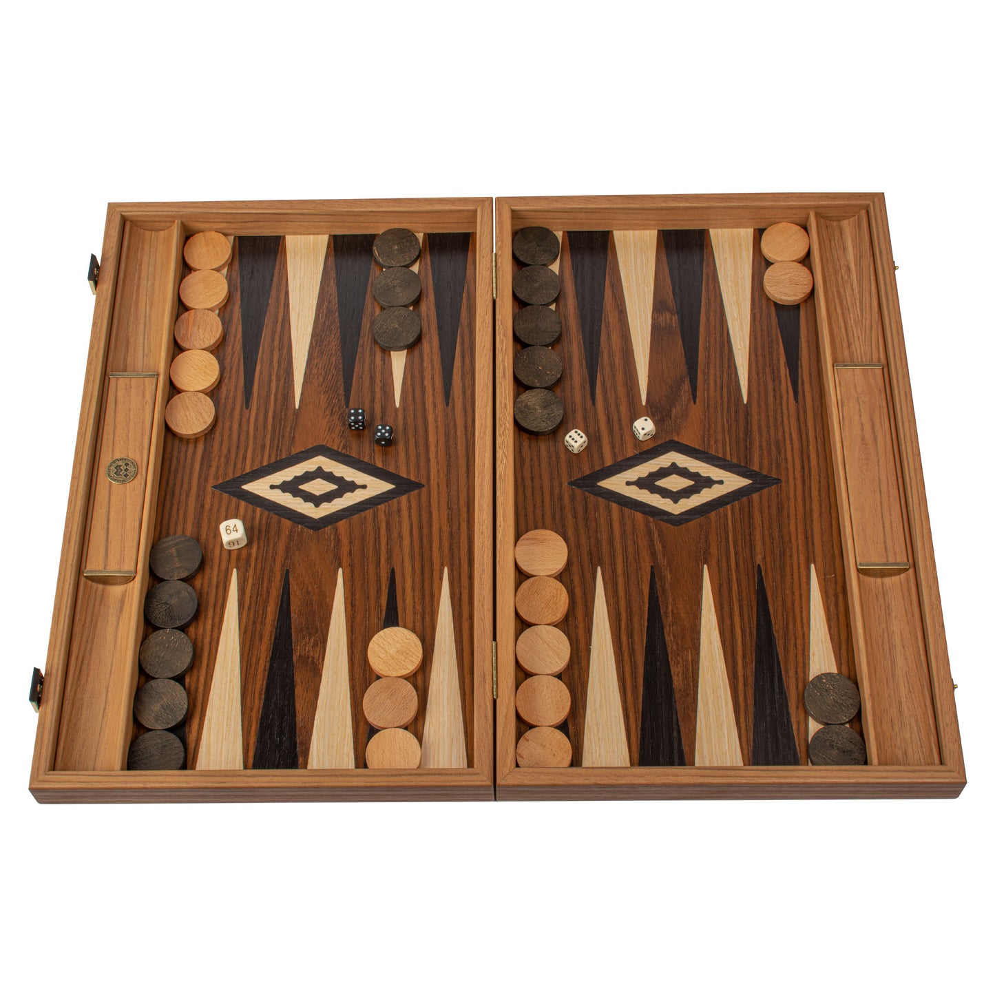 Handcrafted American Walnut Backgammon Set with Side Racks - Elegant Marquetry Design
