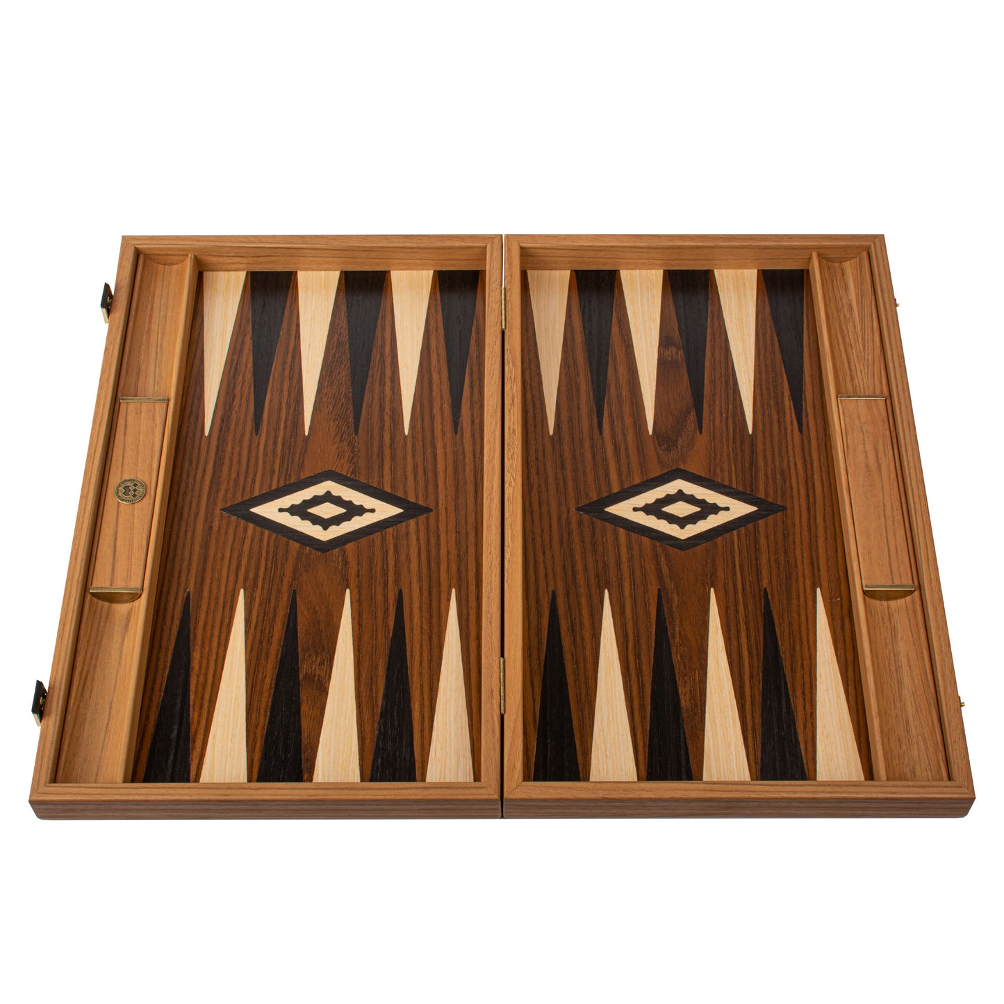 Handcrafted American Walnut Backgammon Set with Side Racks - Elegant Marquetry Design
