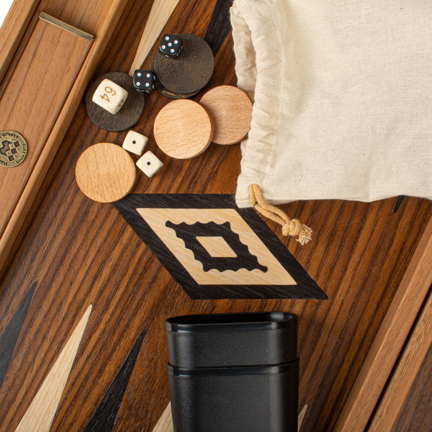 Handcrafted American Walnut Backgammon Set with Side Racks - Elegant Marquetry Design