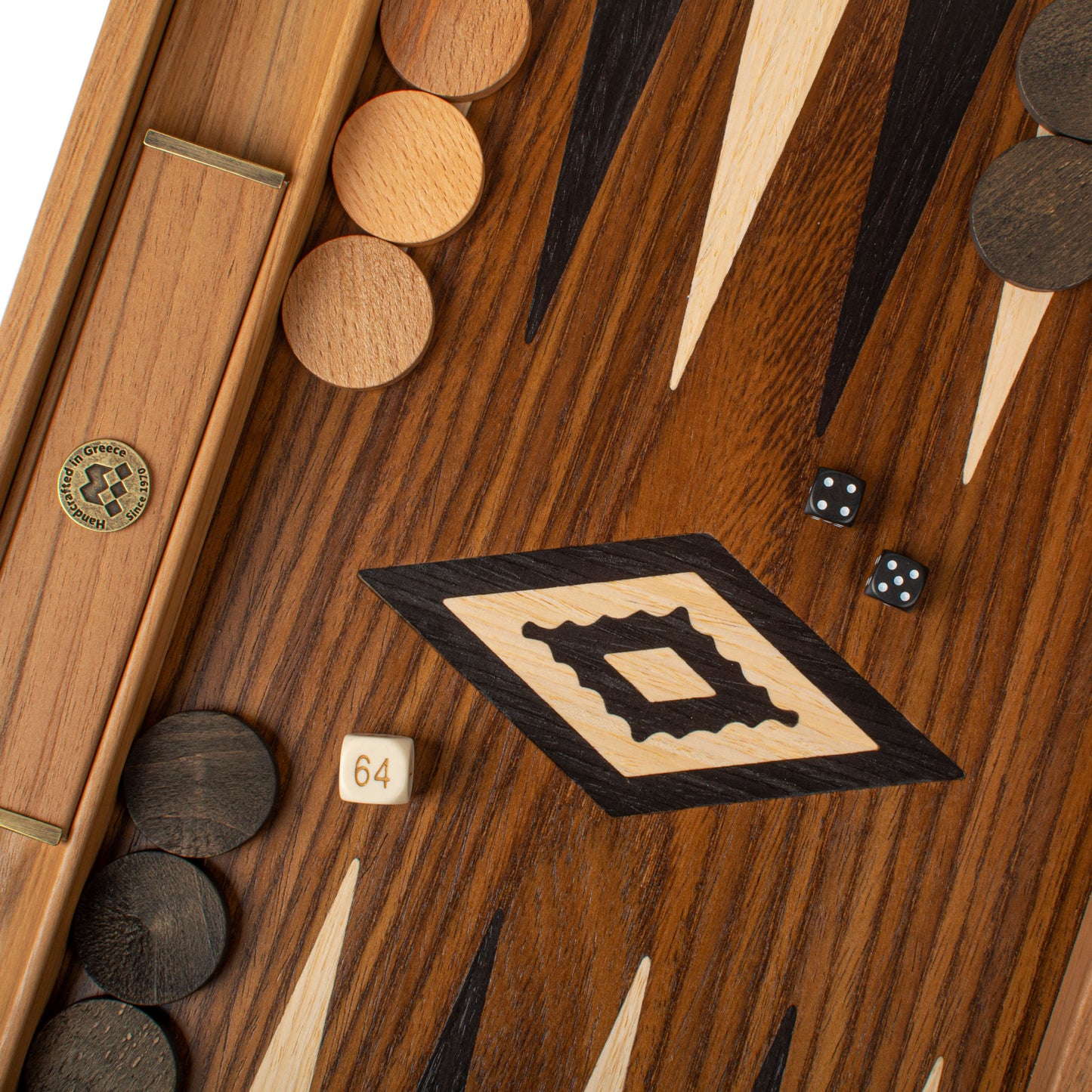 Handcrafted American Walnut Backgammon Set with Side Racks - Elegant Marquetry Design