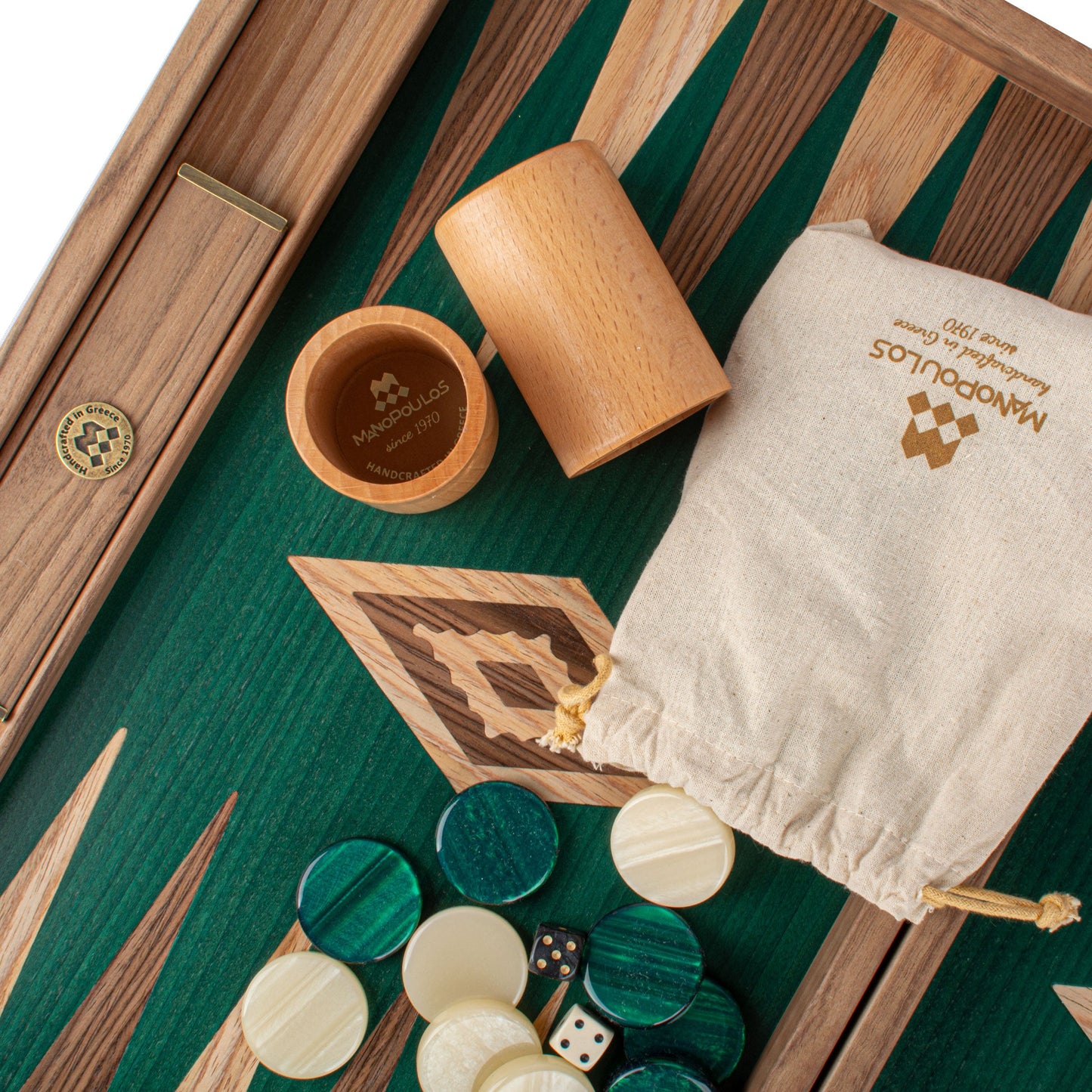 Premium Handcrafted Walnut with Green Oak Backgammon Set - Premium Backgammon from MANOPOULOS Chess & Backgammon - Just €193! Shop now at MANOPOULOS Chess & Backgammon