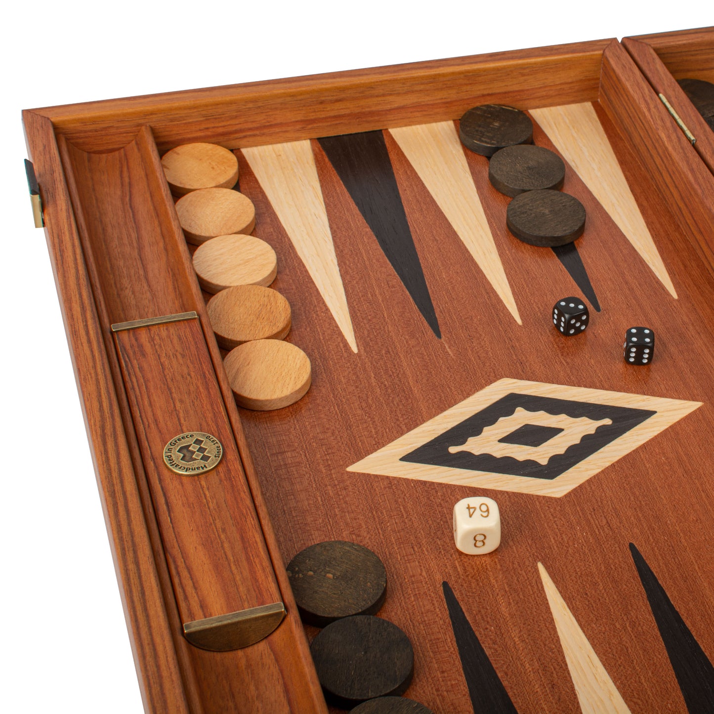 Handcrafted Mahogany Backgammon Set with Side Racks - Elegant Marquetry Design