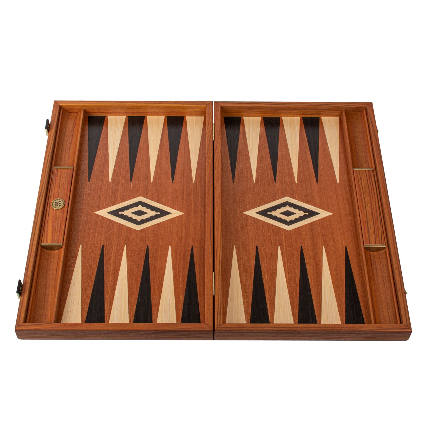 Handcrafted Mahogany Backgammon Set with Side Racks - Elegant Marquetry Design