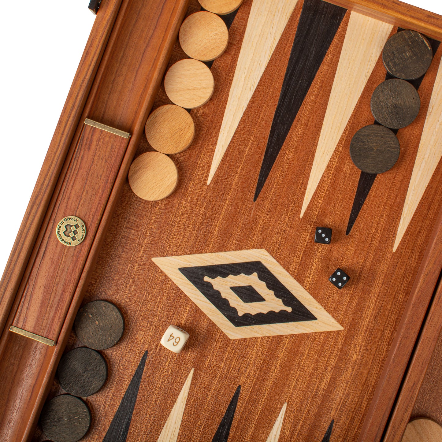Handcrafted Mahogany Backgammon Set with Side Racks - Elegant Marquetry Design