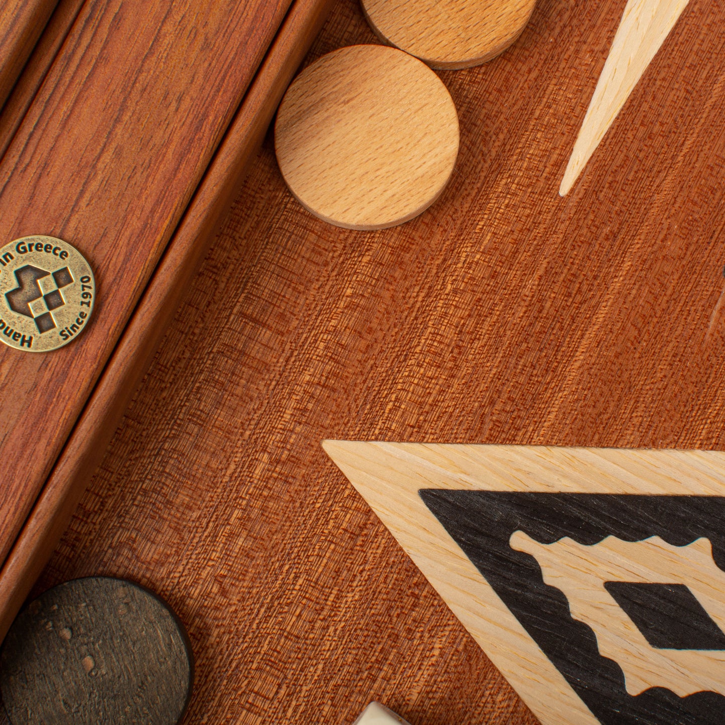 Handcrafted Mahogany Backgammon Set with Side Racks - Elegant Marquetry Design