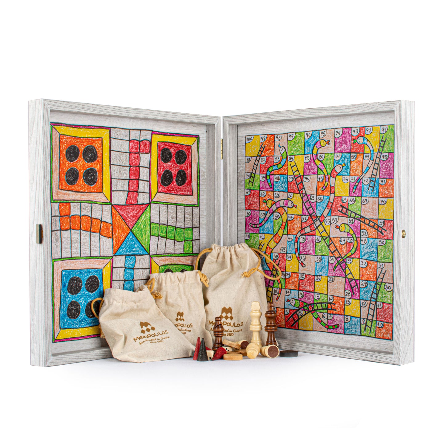 Childrens Freehand Colored Drawing 4-in-1 Combo Game Set: Chess, Backgammon, Ludo & Snakes