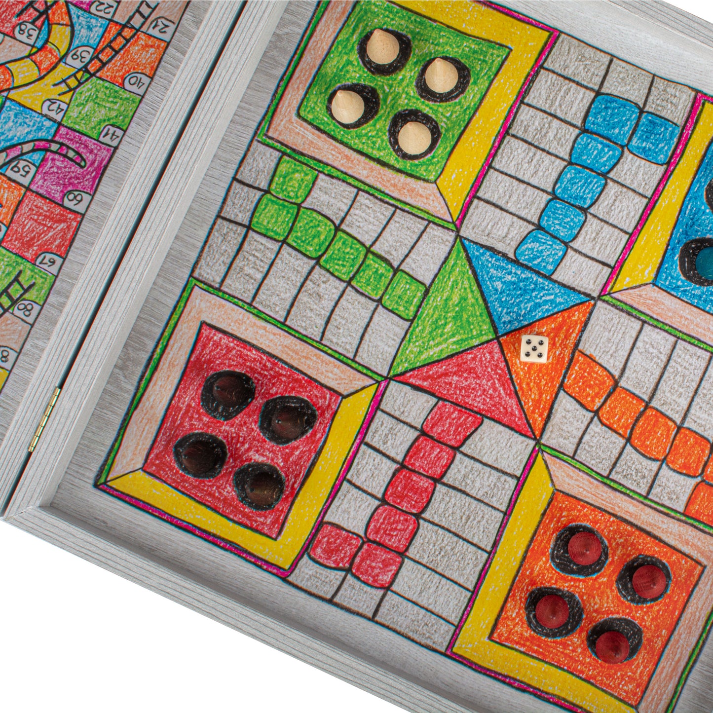 Childrens Freehand Colored Drawing 4-in-1 Combo Game Set: Chess, Backgammon, Ludo & Snakes