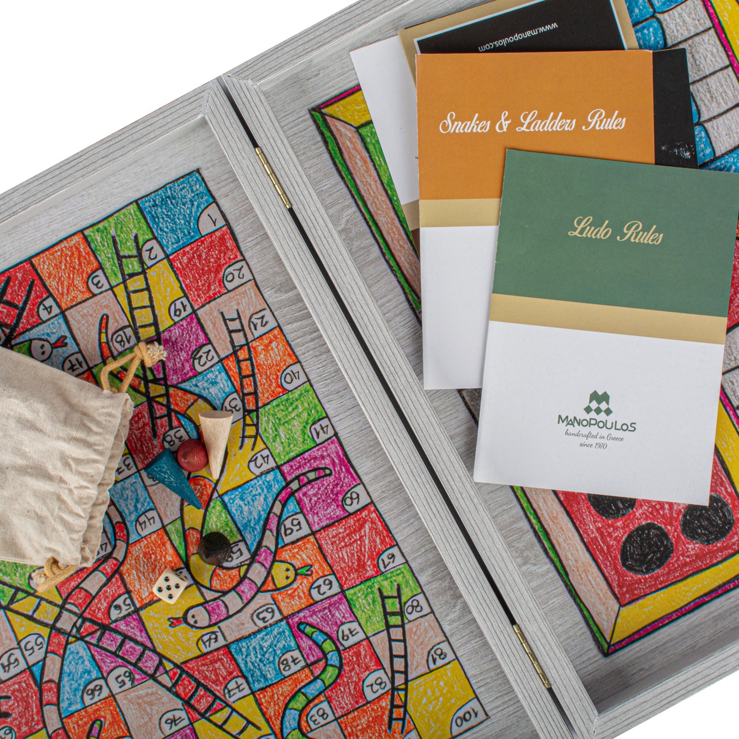 Childrens Freehand Colored Drawing 4-in-1 Combo Game Set: Chess, Backgammon, Ludo & Snakes