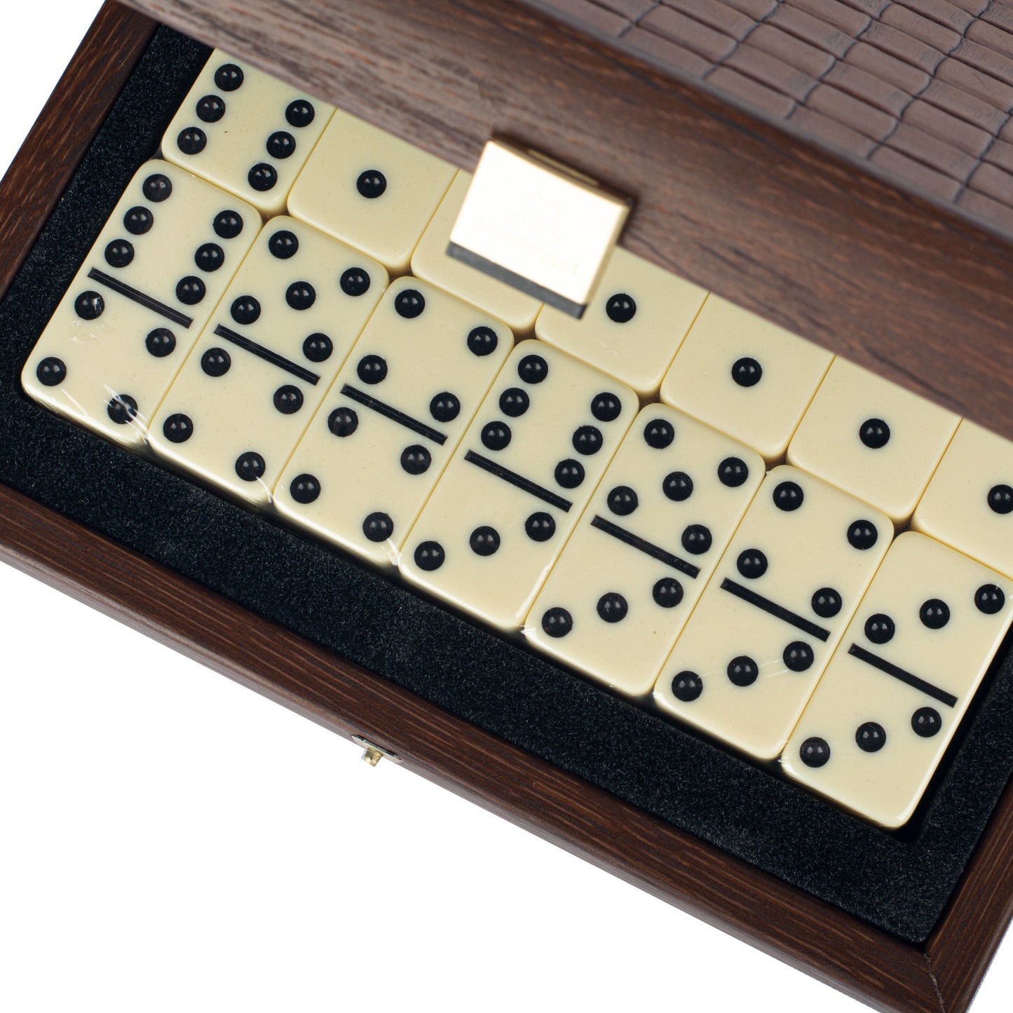 Luxury Domino Set in Brown Knitted Leather with Wooden Case - Premium Dominoes from MANOPOULOS Chess & Backgammon - Just €62.50! Shop now at MANOPOULOS Chess & Backgammon