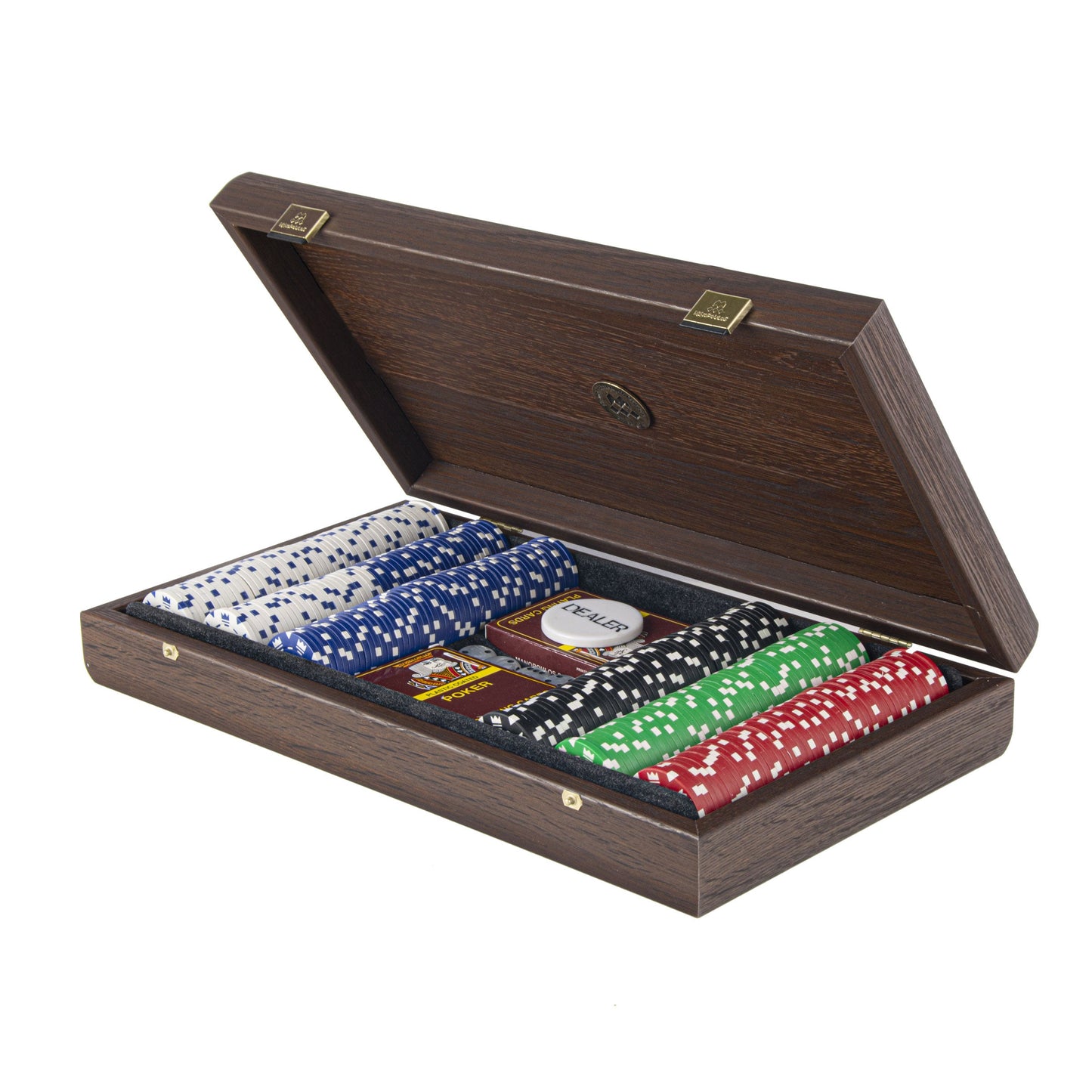 Luxury Poker Set in Dark Walnut Wooden Case with Brown Leatherette Top - Premium Poker Set from MANOPOULOS Chess & Backgammon - Just €190! Shop now at MANOPOULOS Chess & Backgammon