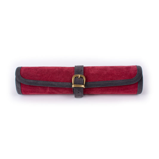 Premium Handcrafted Burgundy Red Suede Roll-Up Backgammon Set