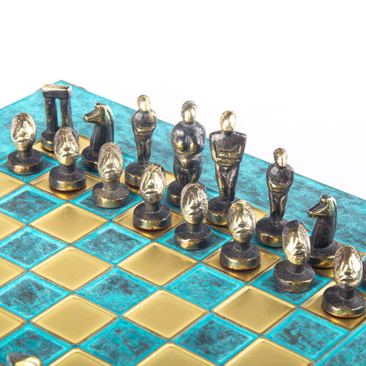CYCLADIC ART SOLID BRASS CHESS SET with blue/brown chessmen and bronze chessboard 28 x 28cm (Small) - Premium Chess from MANOPOULOS Chess & Backgammon - Just €188.70! Shop now at MANOPOULOS Chess & Backgammon