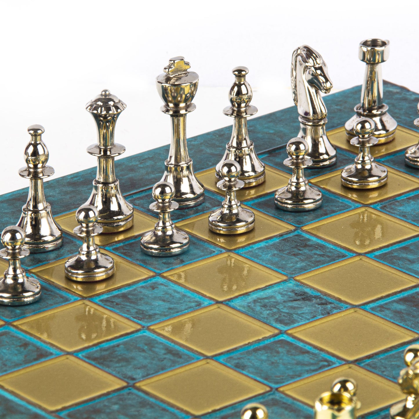 CLASSIC METAL STAUNTON CHESS SET with gold/silver chessmen and bronze chessboard 36 x 36cm (Medium) - Premium Chess from MANOPOULOS Chess & Backgammon - Just €210! Shop now at MANOPOULOS Chess & Backgammon