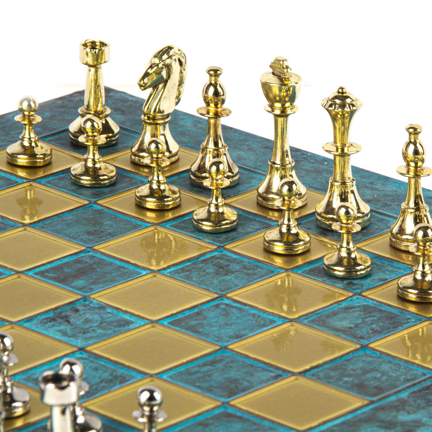 CLASSIC METAL STAUNTON CHESS SET with gold/silver chessmen and bronze chessboard 36 x 36cm (Medium) - Premium Chess from MANOPOULOS Chess & Backgammon - Just €210! Shop now at MANOPOULOS Chess & Backgammon
