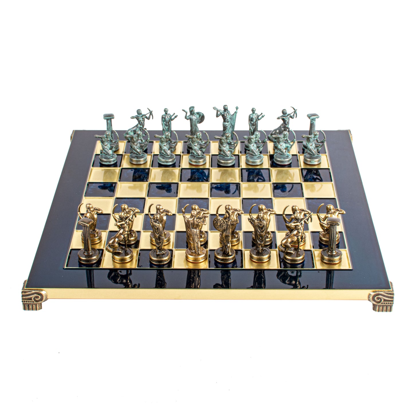 Handcrafted Labours of Hercules Chess Set - Blue & Brass Chessmen with Bronze Board (Medium)