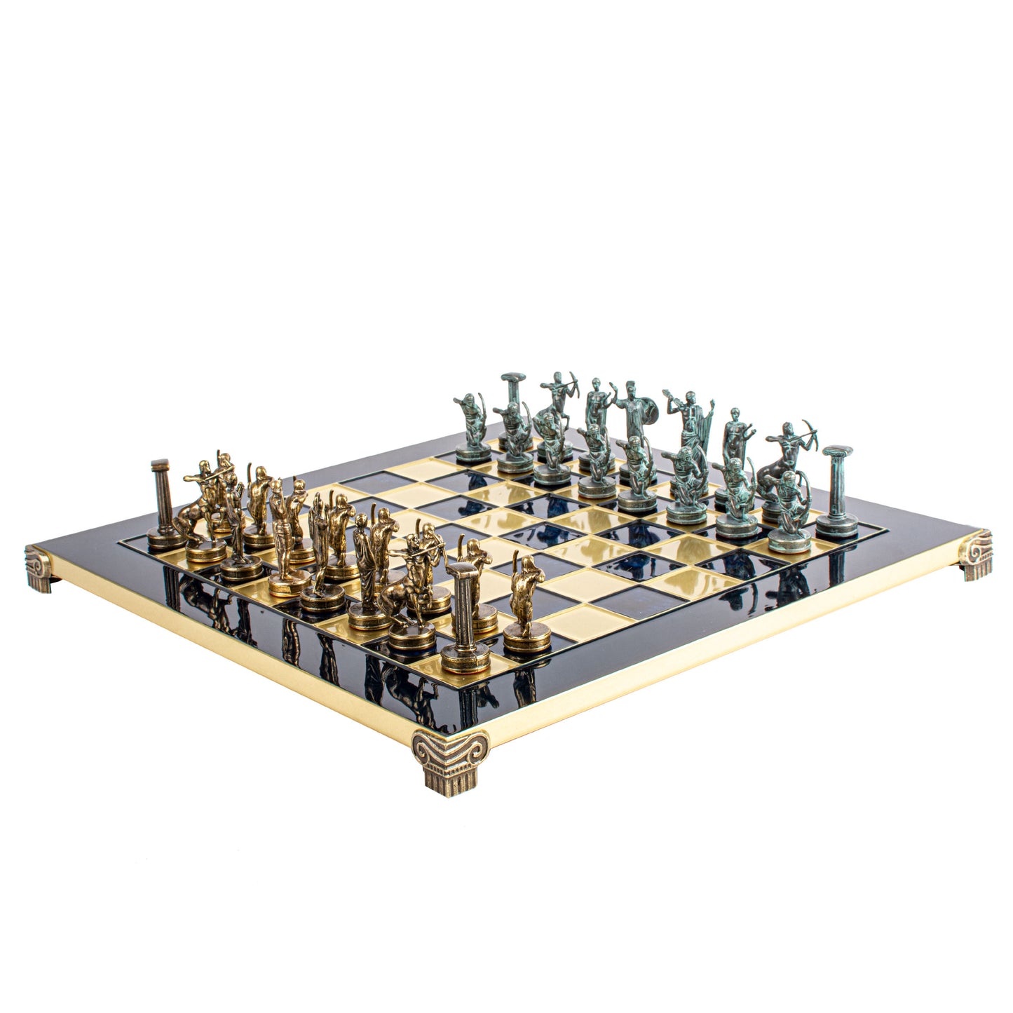 Handcrafted Labours of Hercules Chess Set - Blue & Brass Chessmen with Bronze Board (Medium)