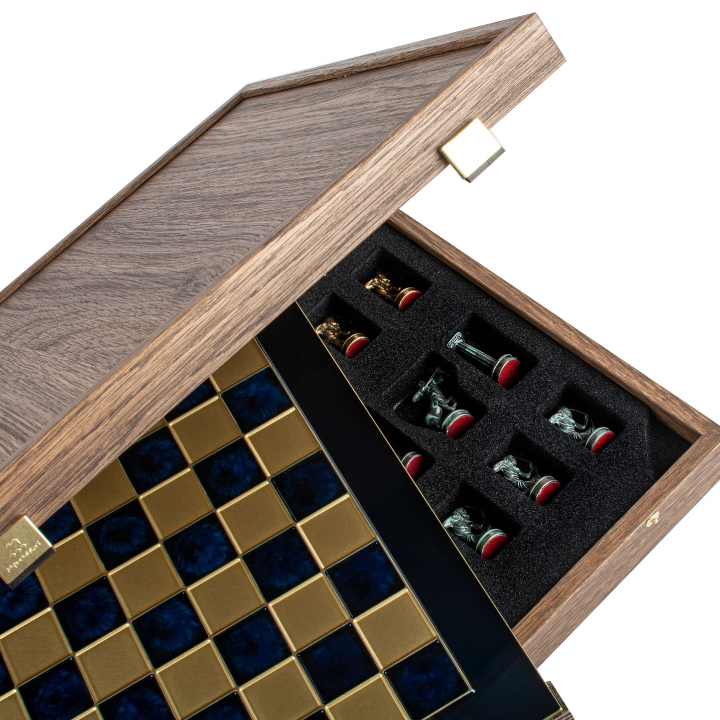 Handcrafted Labours of Hercules Chess Set - Blue & Brass Chessmen with Bronze Board (Medium)