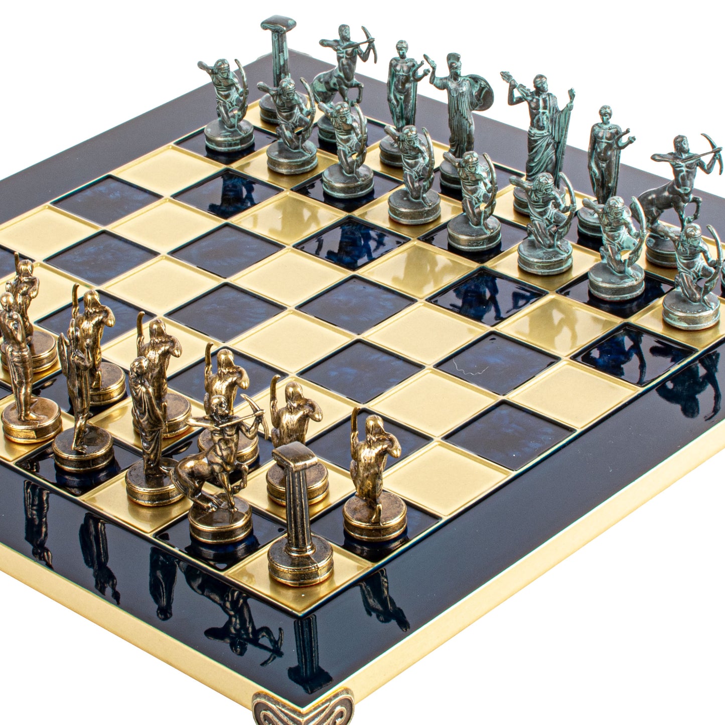 Handcrafted Labours of Hercules Chess Set - Blue & Brass Chessmen with Bronze Board (Medium)