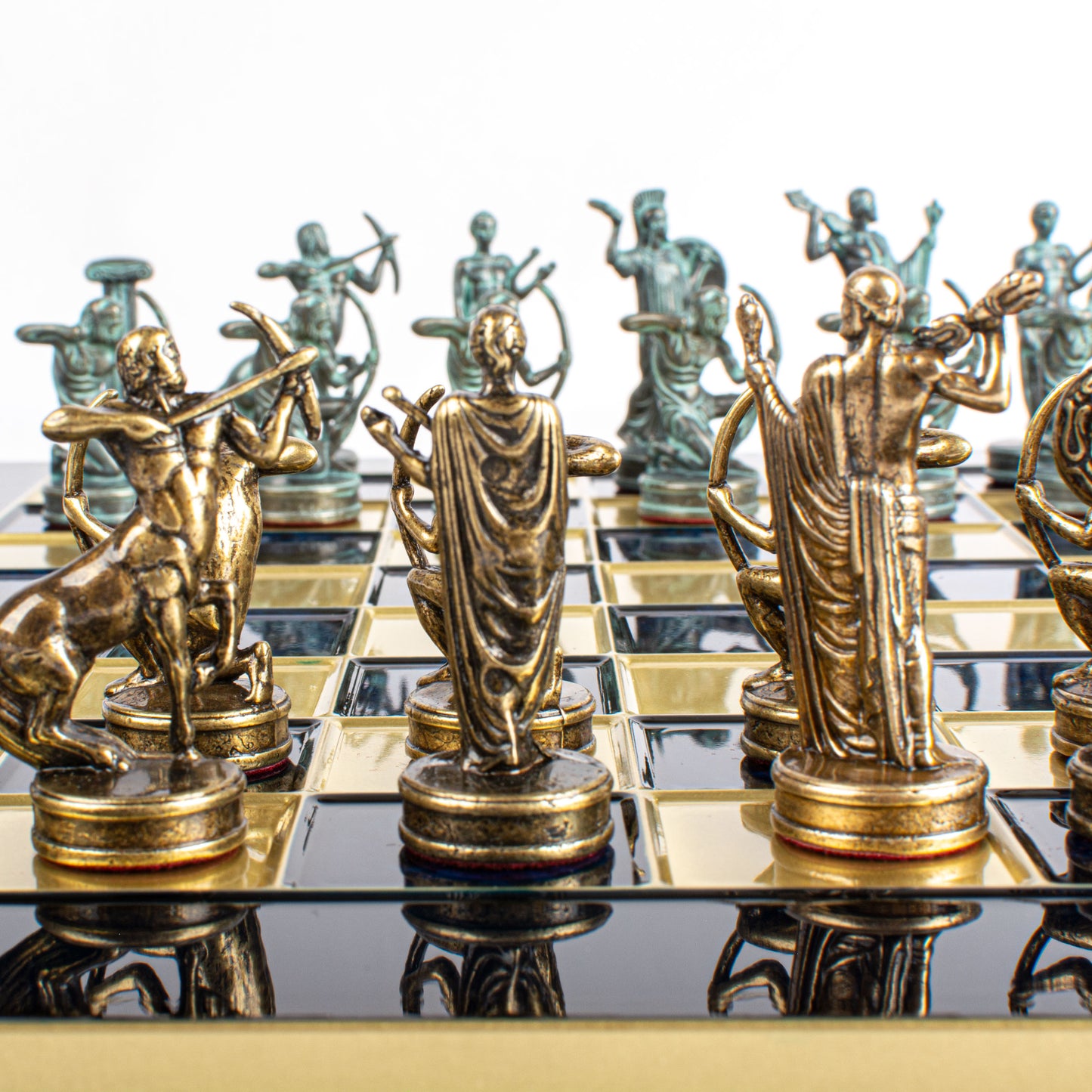 Handcrafted Labours of Hercules Chess Set - Blue & Brass Chessmen with Bronze Board (Medium)