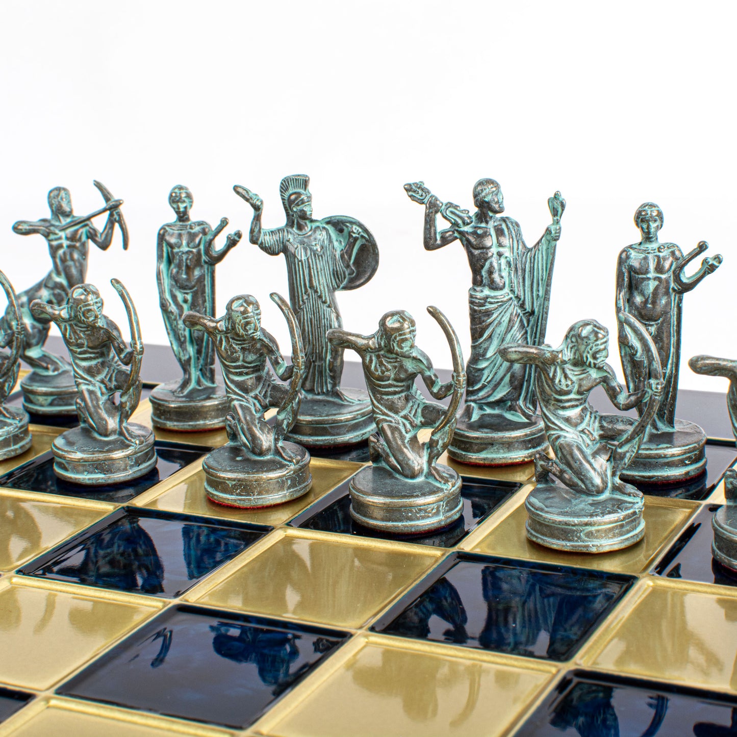 Handcrafted Labours of Hercules Chess Set - Blue & Brass Chessmen with Bronze Board (Medium)