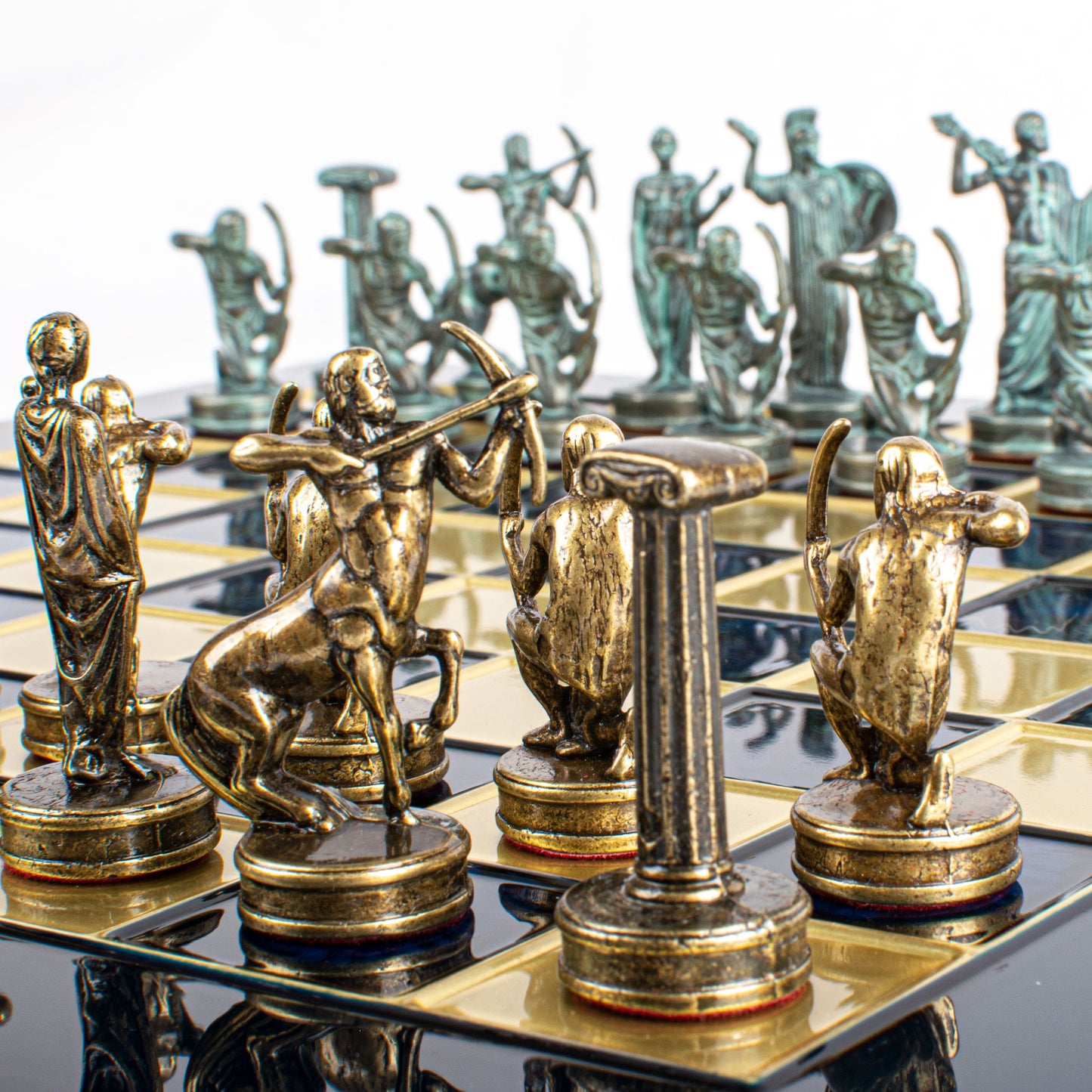 Handcrafted Labours of Hercules Chess Set - Blue & Brass Chessmen with Bronze Board (Medium)