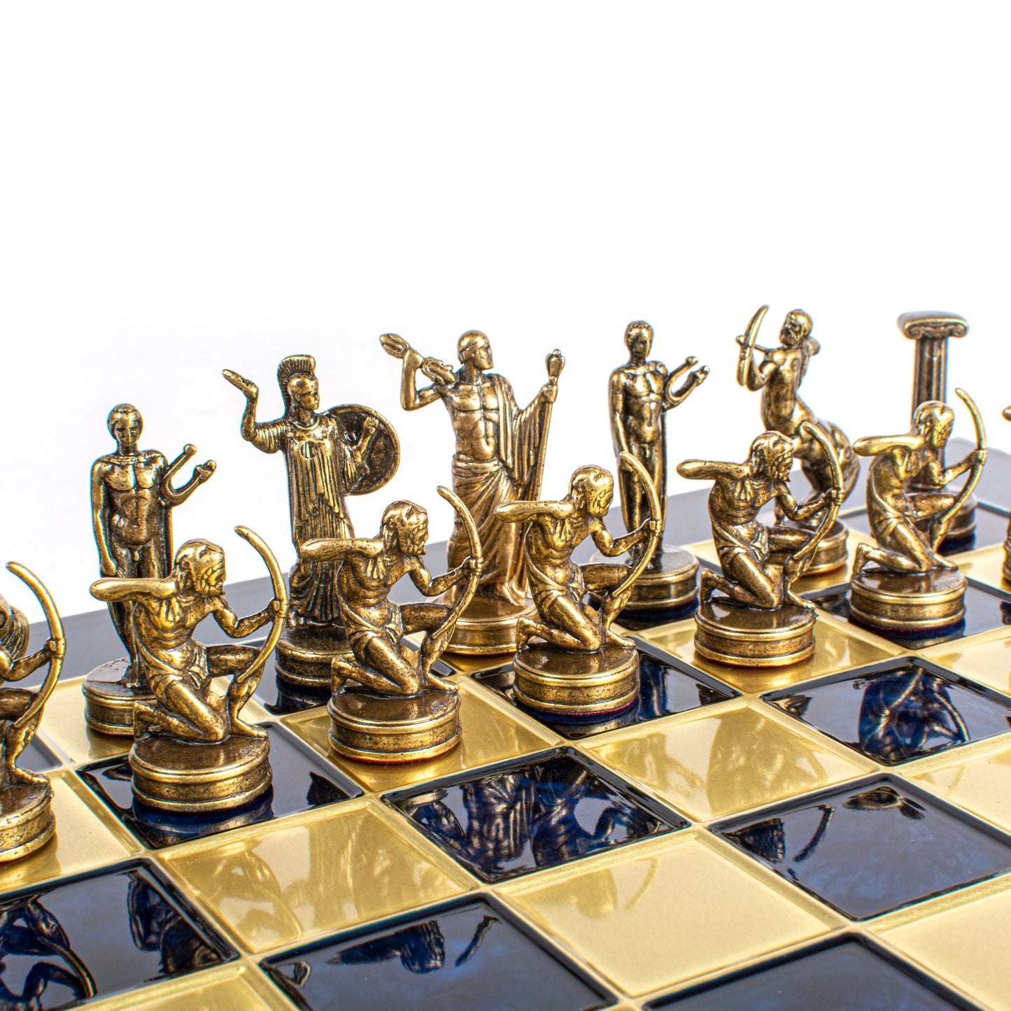 Handcrafted Labours of Hercules Chess Set - Blue & Brass Chessmen with Bronze Board (Medium)