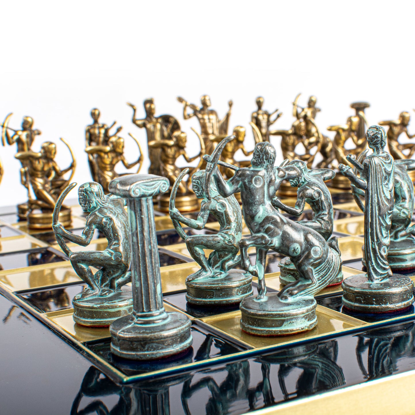 Handcrafted Labours of Hercules Chess Set - Blue & Brass Chessmen with Bronze Board (Medium)