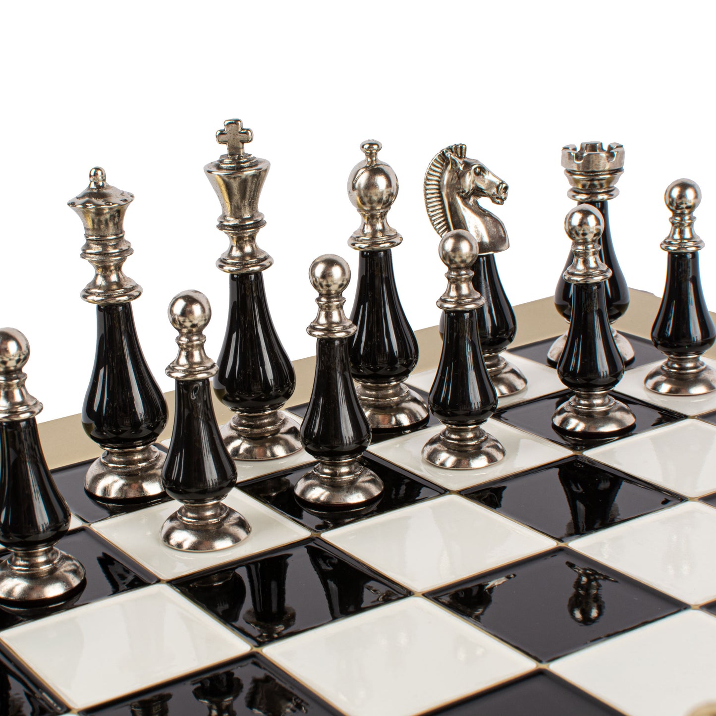 Handcrafted Chess Set, 44x44cm Brass and Pewter finish Chessmen with Brown & Ivory Prearl Elements (Medium)