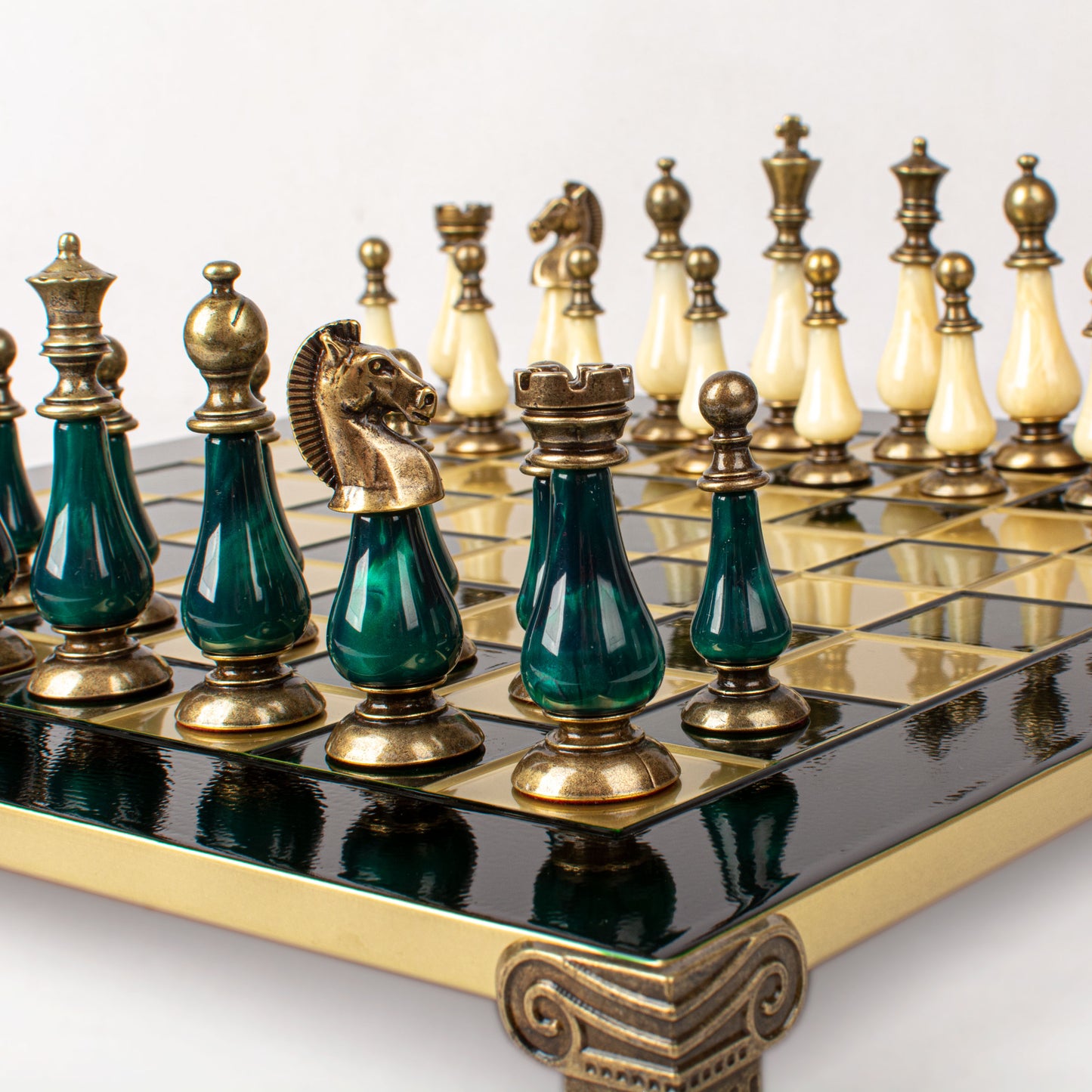 Handcrafted Chess Set, 44x44cm Brass and Pewter finish Chessmen with Green & Ivory Prearl Elements (Medium) (Copy)