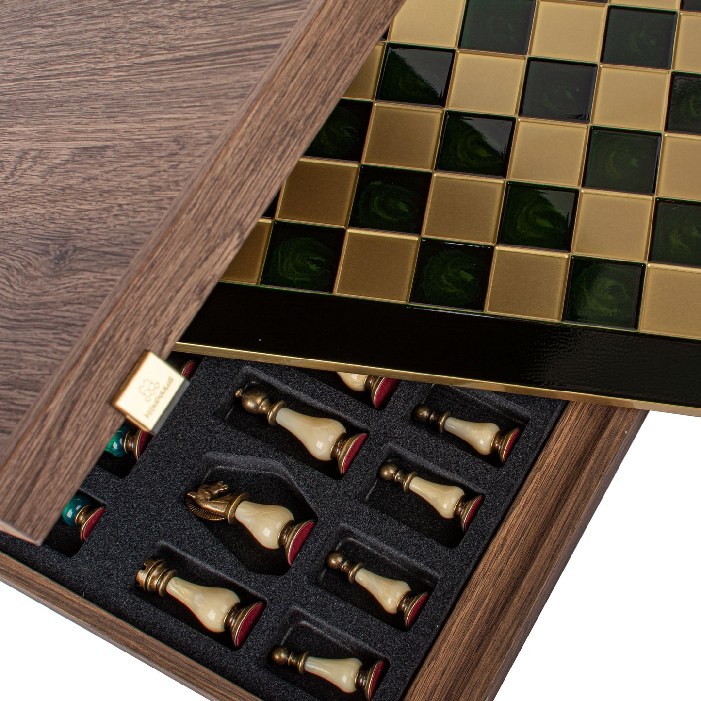 Handcrafted Chess Set, 44x44cm Brass and Pewter finish Chessmen with Green & Ivory Prearl Elements (Medium) (Copy)