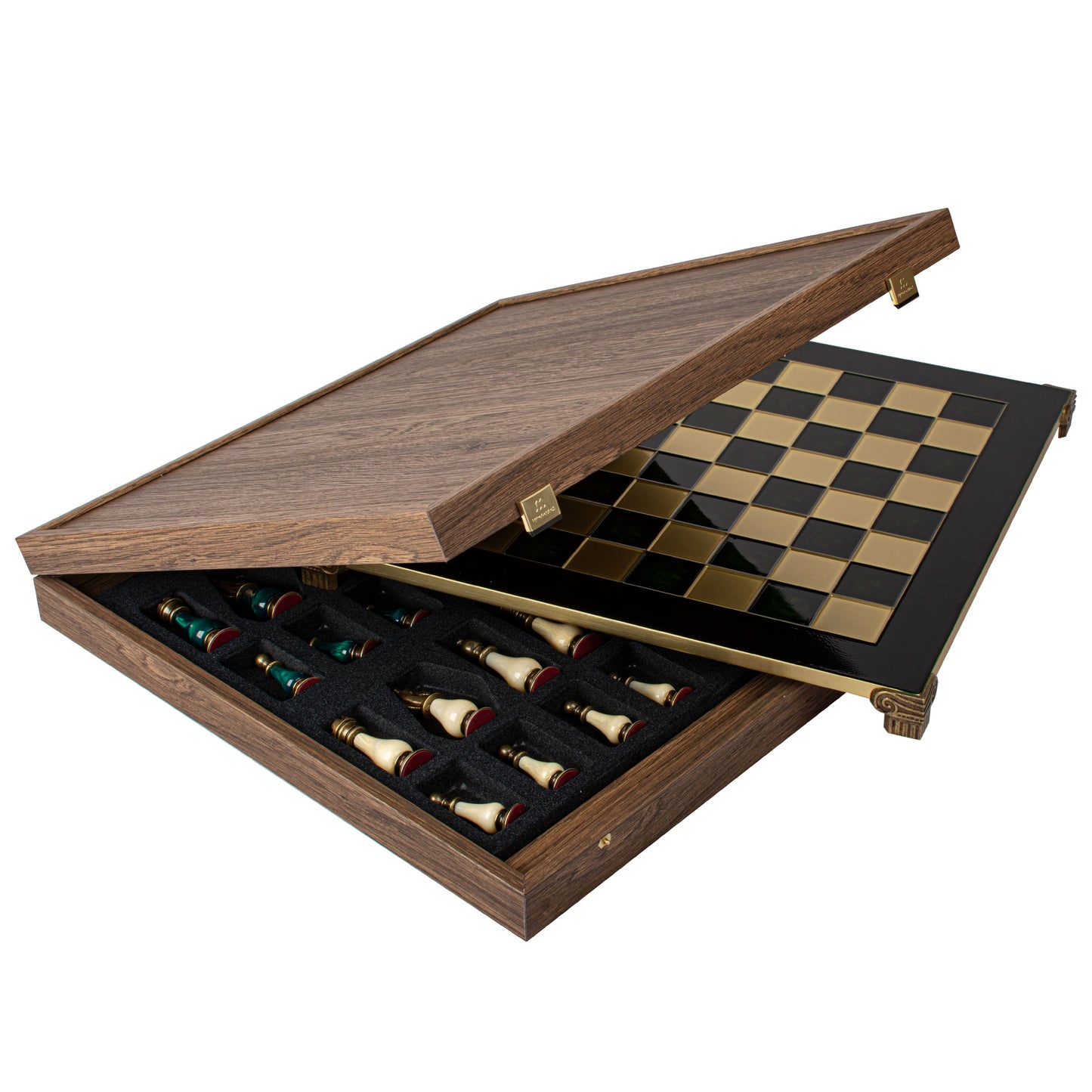 Handcrafted Chess Set, 44x44cm Brass and Pewter finish Chessmen with Green & Ivory Prearl Elements (Medium) (Copy)