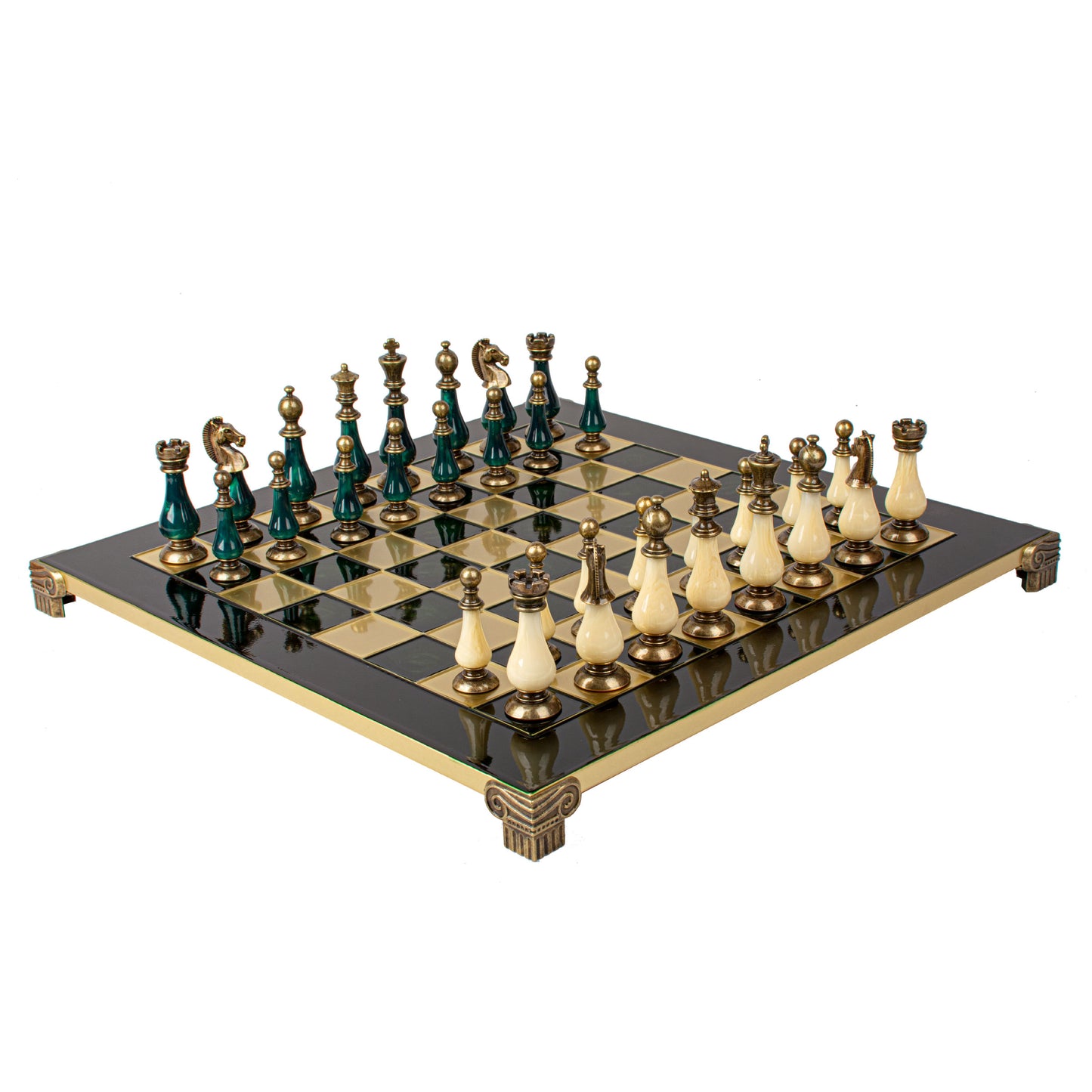 Handcrafted Chess Set, 44x44cm Brass and Pewter finish Chessmen with Green & Ivory Prearl Elements (Medium) (Copy)