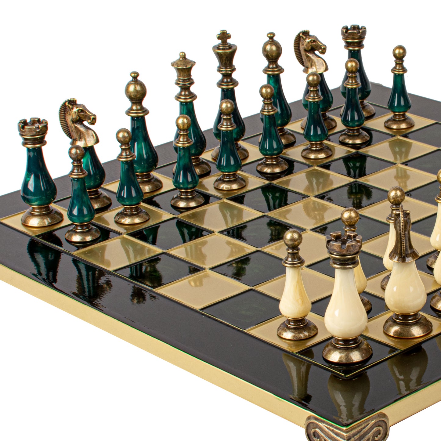 Handcrafted Chess Set, 44x44cm Brass and Pewter finish Chessmen with Green & Ivory Prearl Elements (Medium) (Copy)