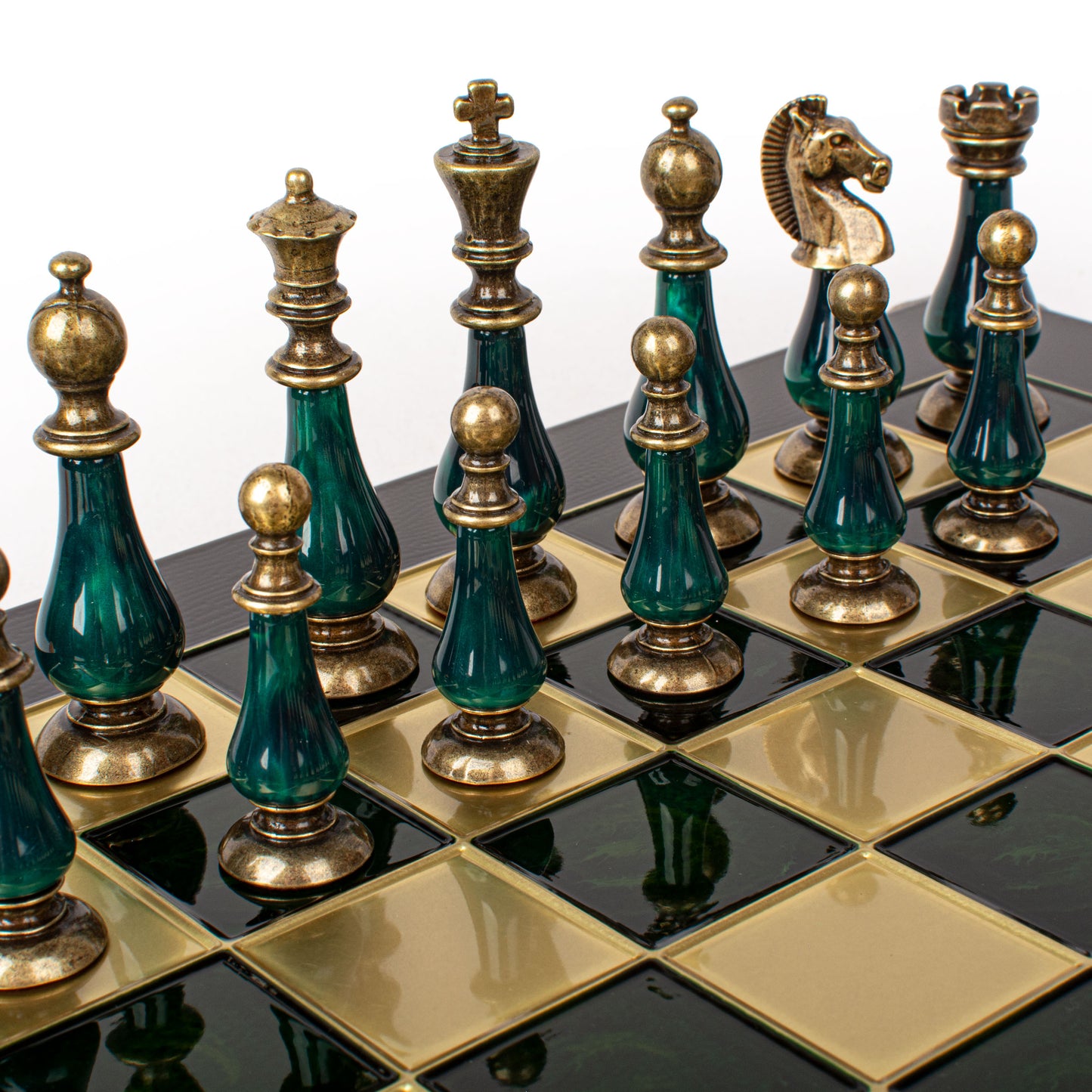 Handcrafted Chess Set, 44x44cm Brass and Pewter finish Chessmen with Green & Ivory Prearl Elements (Medium) (Copy)