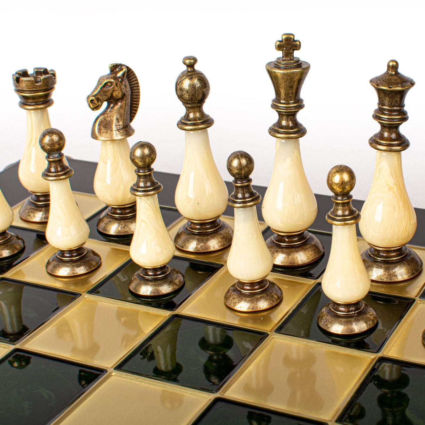 Handcrafted Chess Set, 44x44cm Brass and Pewter finish Chessmen with Green & Ivory Prearl Elements (Medium) (Copy)