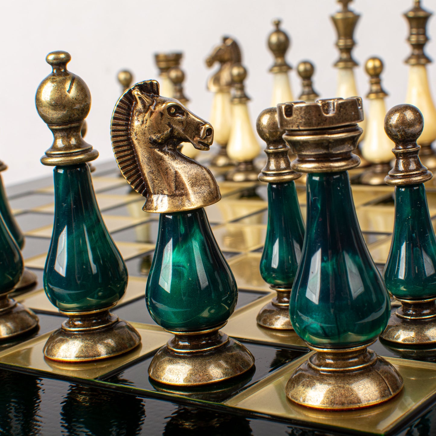 Handcrafted Chess Set, 44x44cm Brass and Pewter finish Chessmen with Green & Ivory Prearl Elements (Medium) (Copy)