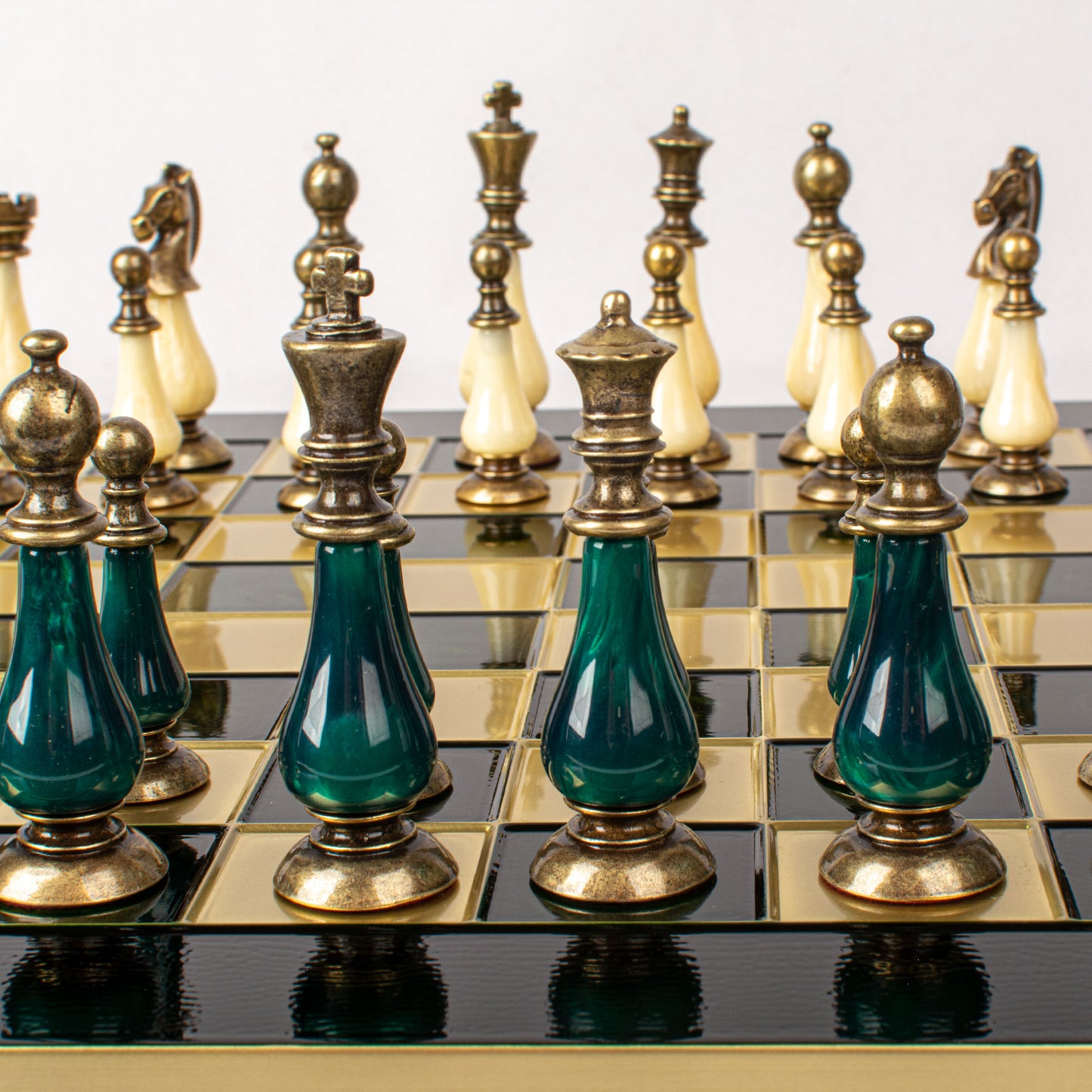 Handcrafted Chess Set, 44x44cm Brass and Pewter finish Chessmen with Green & Ivory Prearl Elements (Medium) (Copy)