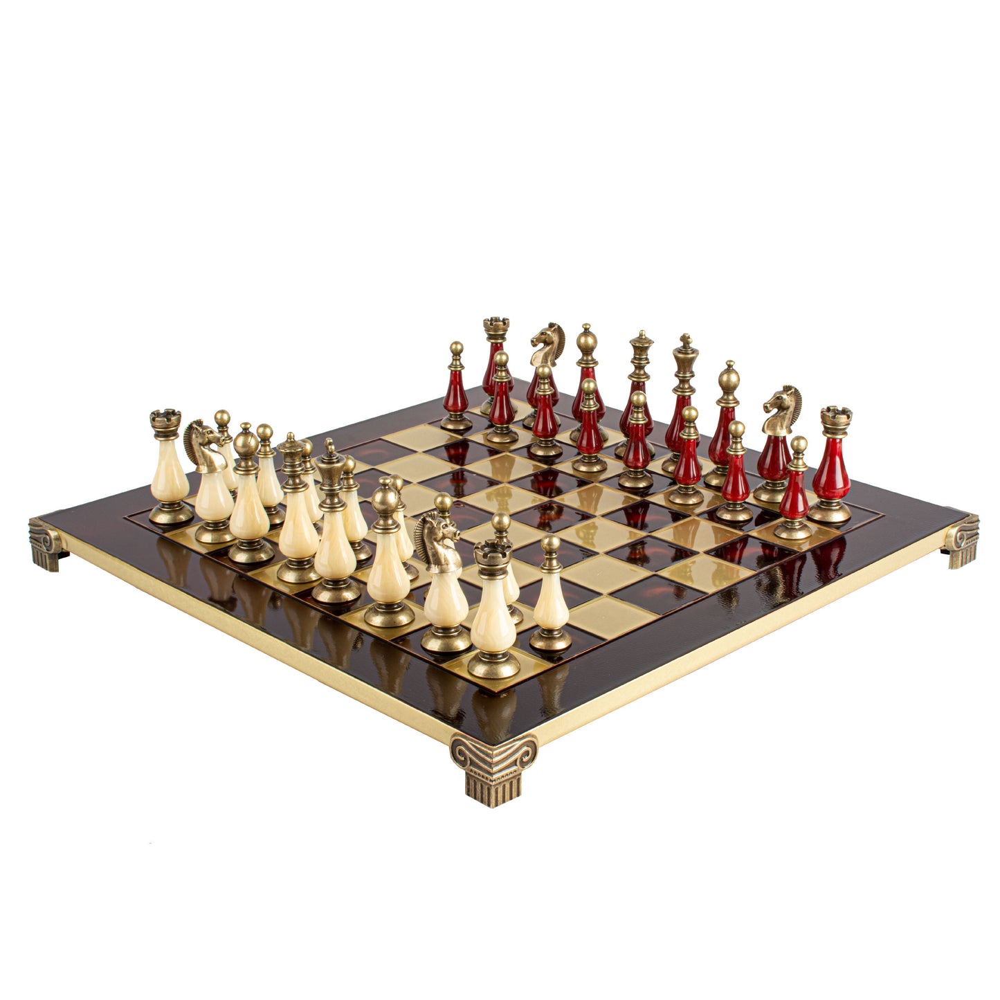 Handcrafted Chess Set, 44x44cm Brass and Pewter finish Chessmen with Red & Ivory Prearl Elements (Medium) (Copy)