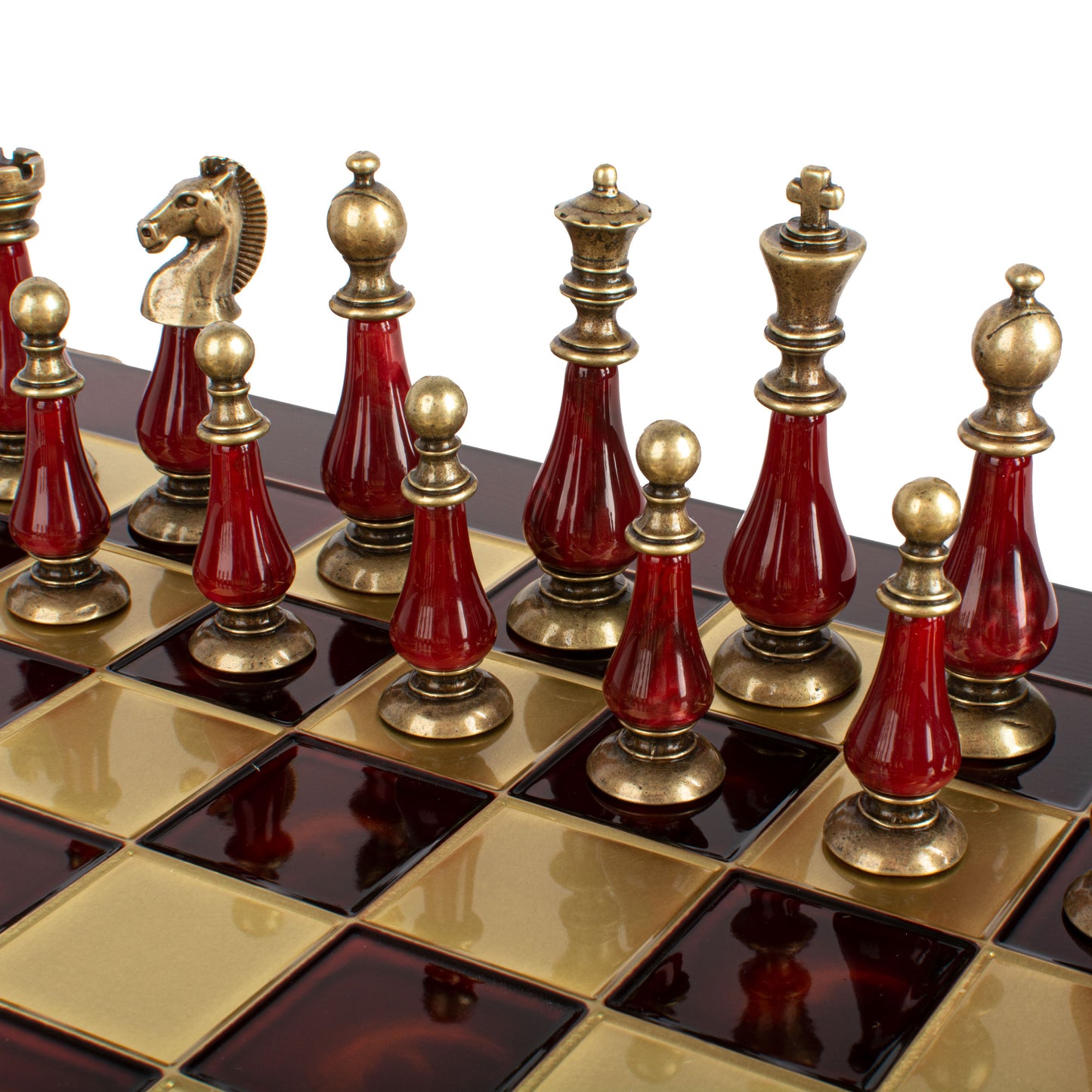 Handcrafted Chess Set, 44x44cm Brass and Pewter finish Chessmen with Red & Ivory Prearl Elements (Medium) (Copy)